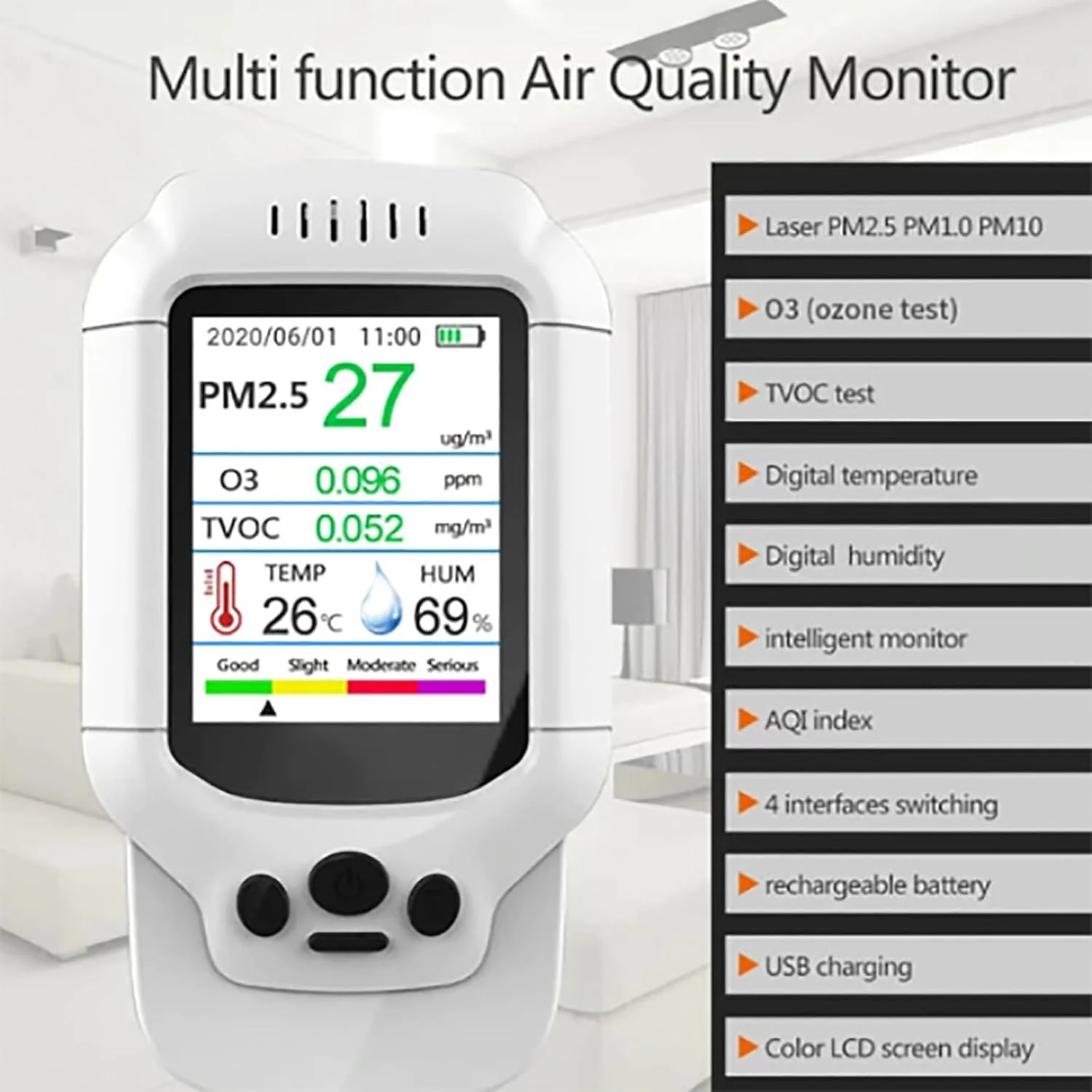 دستگاه سنجش کیفیت هوای داخلی، تستر هوشمند کیفیت هوا با صفحه نمایش 2.8 اینچی، آستانه هشدار قابل تنظیم و تشخیص ذرات گرد و غبار PM2.5/PM10/PM1.0 میکرون، ظرفیت باتری 1500 میلی آمپر ساعت، مناسب برای آشپزخانه، اتاق خواب دستگاه سنجش کیفیت هوای داخلی، تستر هوشمند کیفیت هوا با صفحه نمایش 2.8 اینچی، آستانه هشدار قابل تنظیم و تشخیص ذرات گرد و غبار PM2.5/PM10/PM1.0 میکرون، ظرفیت باتری 1500 میلی آمپر ساعت، مناسب برای آشپزخانه، اتاق خواب