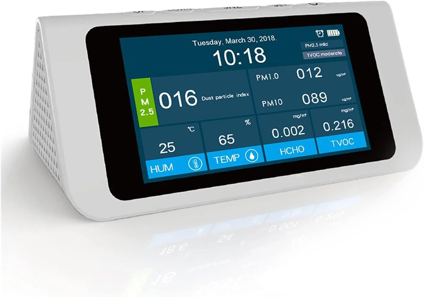 دستگاه چند منظوره سنجش کیفیت هوا، فرمالدهید، گرد و غبار، دود، آشکارساز کیفیت هوا، نسخه انگلیسی، صفحه نمایش رنگی بزرگ 7 اینچی (سایز: سفید)