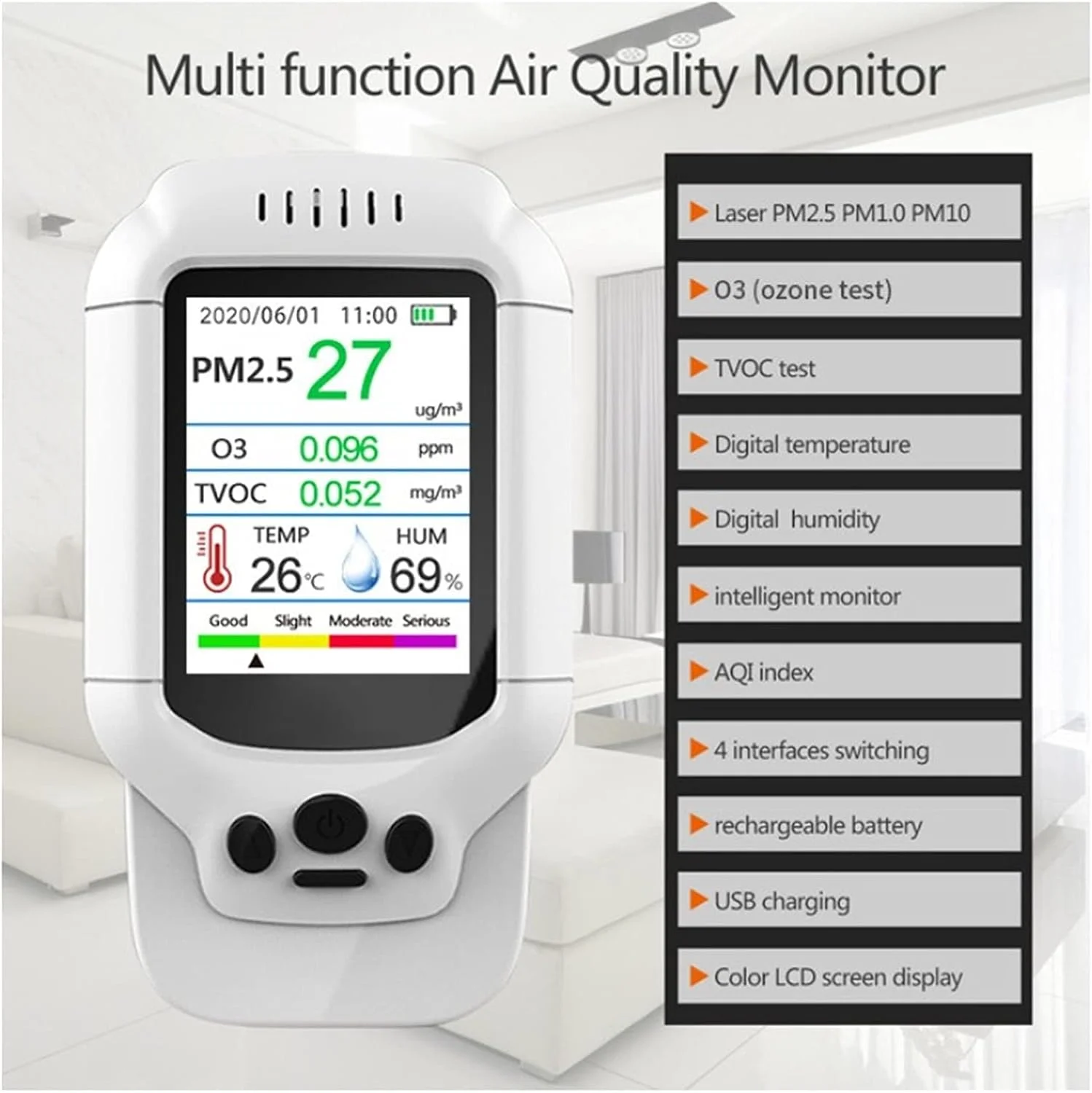 دستگاه سنجش کیفیت هوا هفت کاره PM2.5 PM1.0 PM10 O3 TVOC دما و رطوبت نسخه انگلیسی