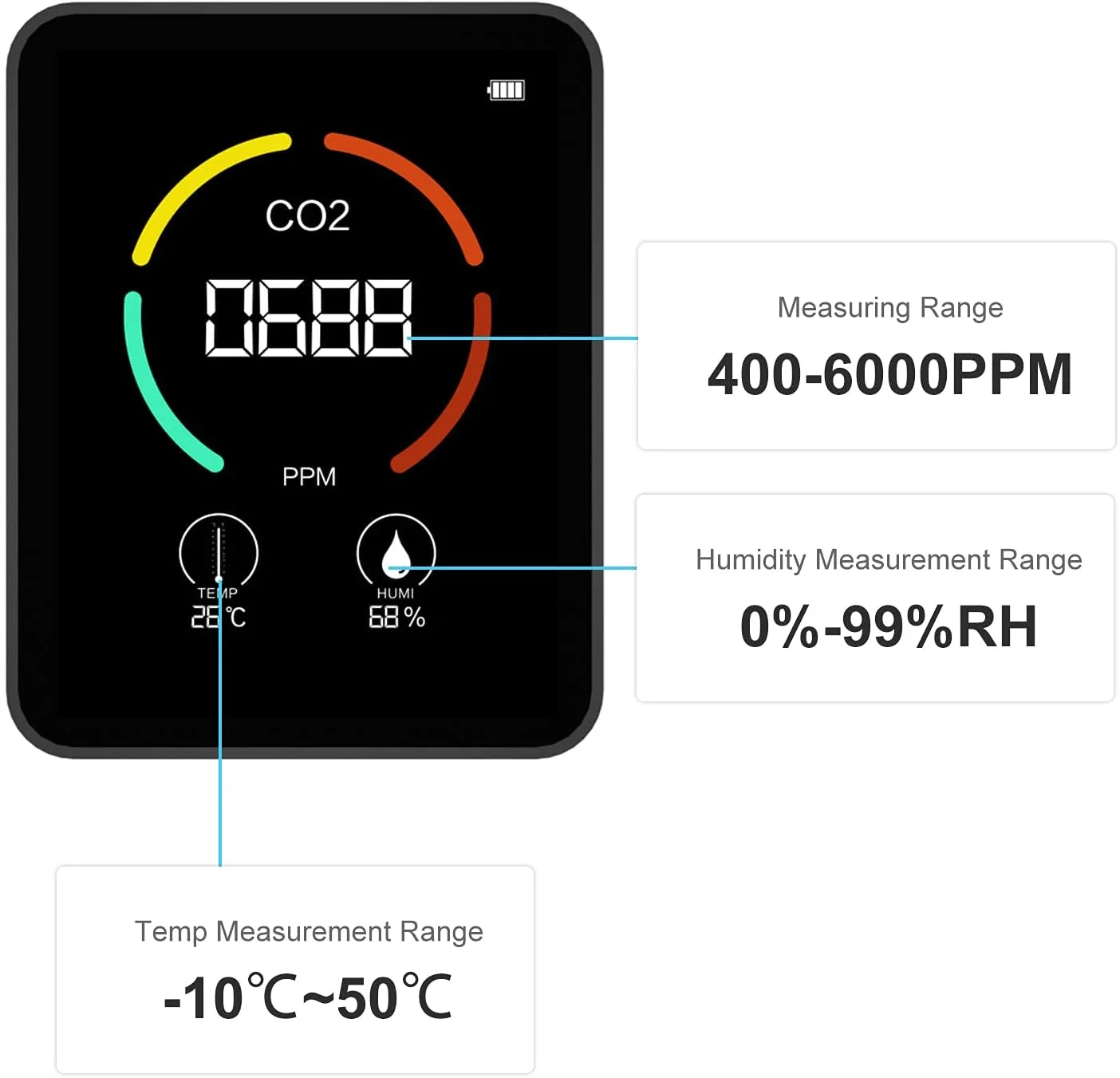 دستگاه سنجش کیفیت هوا J/E، دماسنج دیجیتال و تستر 3 در 1 برای تست دما، رطوبت و دی اکسید کربن