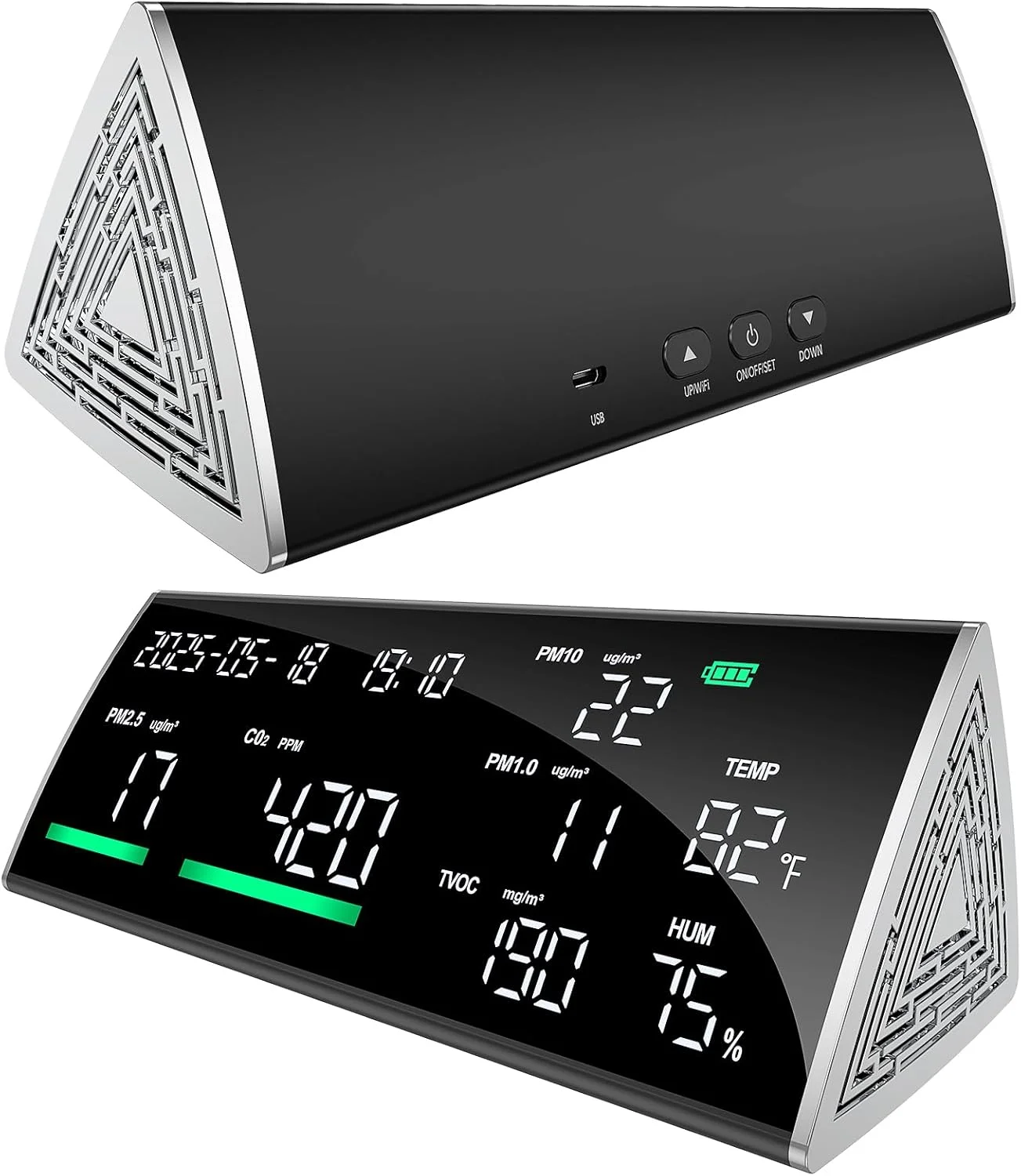 دستگاه سنجش کیفیت هوا 13 در 1، ردیاب CO2 داخل ساختمان، سنجش دی اکسید کربن، TVOC، PM2.5/PM10/PM1.0، دما، رطوبت، تست کیفیت هوا، نمایشگر زمان، مانیتور CO2 قابل حمل دستگاه سنجش کیفیت هوا 13 در 1، ردیاب CO2 داخل ساختمان، سنجش دی اکسید کربن، TVOC، PM2.5/PM10/PM1.0، دما، رطوبت، تست کیفیت هوا، نمایشگر زمان، مانیتور CO2 قابل حمل