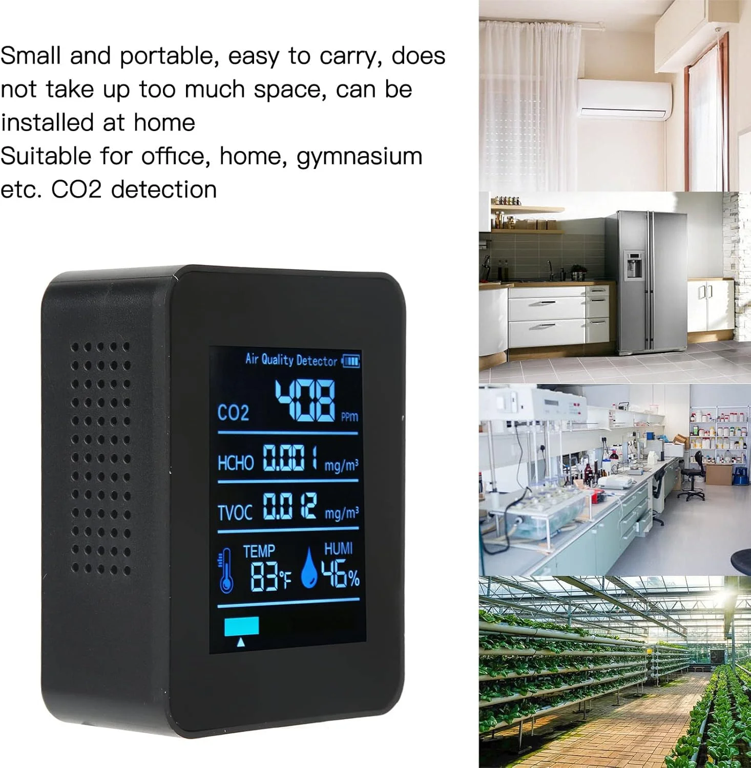 دستگاه تشخیص کیفیت هوا، 5 در 1، تشخیص همزمان CO2، TVOC، HCHO، دما و رطوبت، مانیتور قابل حمل دی اکسید کربن (مشکی)