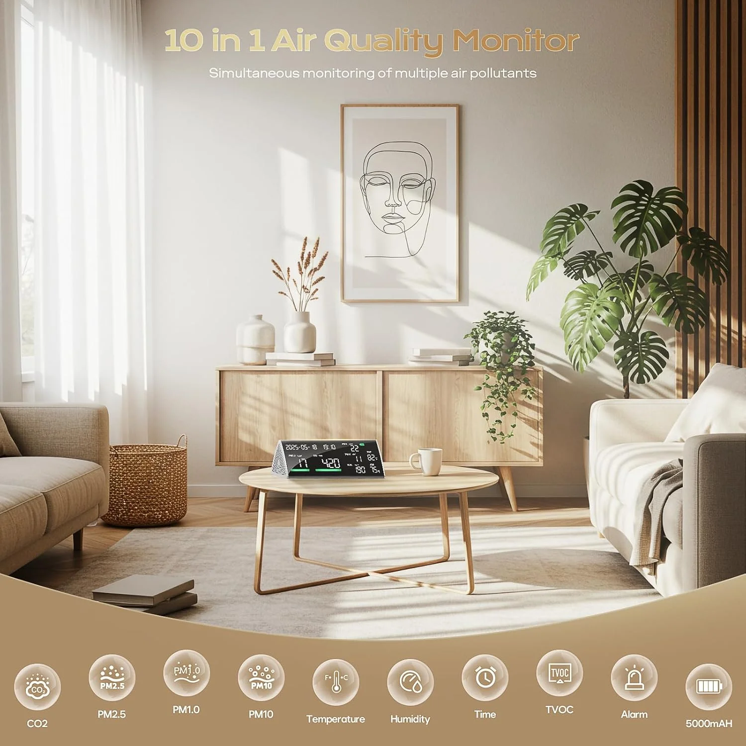 دستگاه سنجش کیفیت هوا 13 در 1، ردیاب CO2 داخل ساختمان، سنجش دی اکسید کربن، TVOC، PM2.5/PM10/PM1.0، دما، رطوبت، تست کیفیت هوا، نمایشگر زمان، مانیتور CO2 قابل حمل