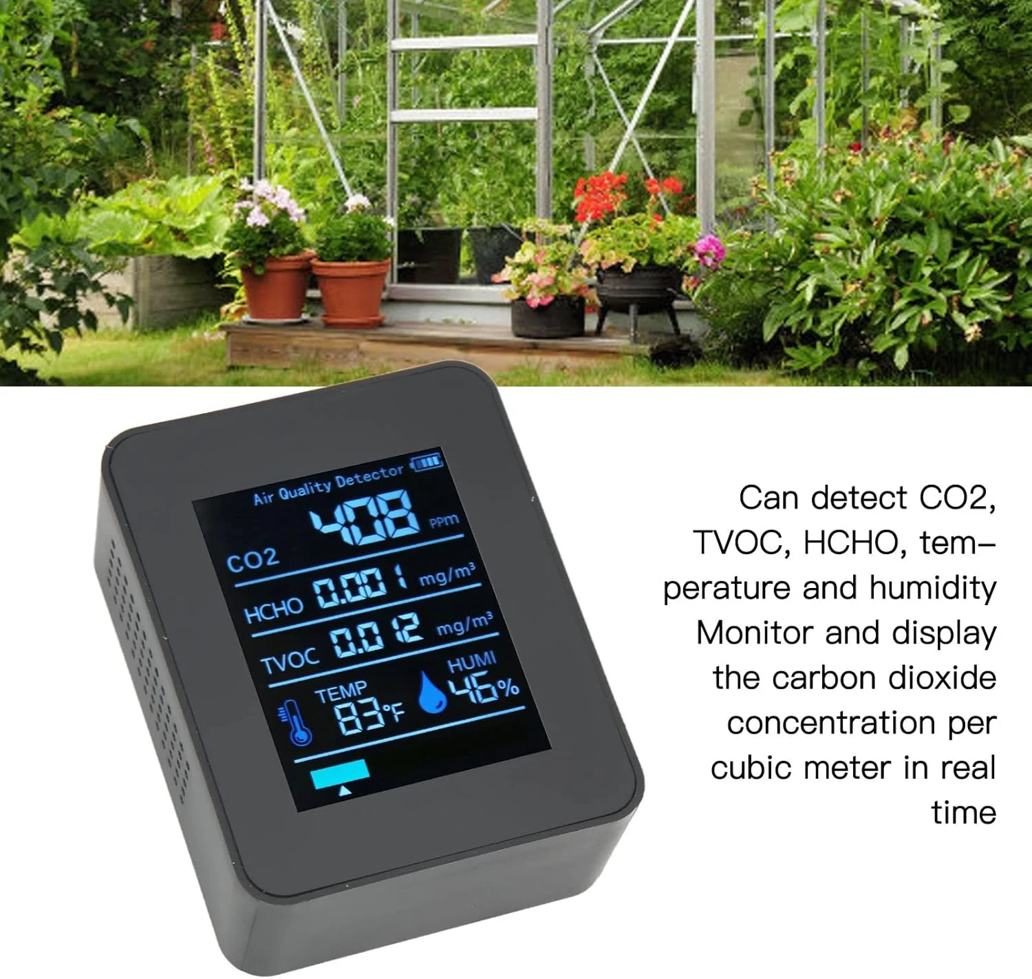 دستگاه تشخیص کیفیت هوا، 5 در 1، تشخیص همزمان CO2، TVOC، HCHO، دما و رطوبت، مانیتور قابل حمل دی اکسید کربن (مشکی)