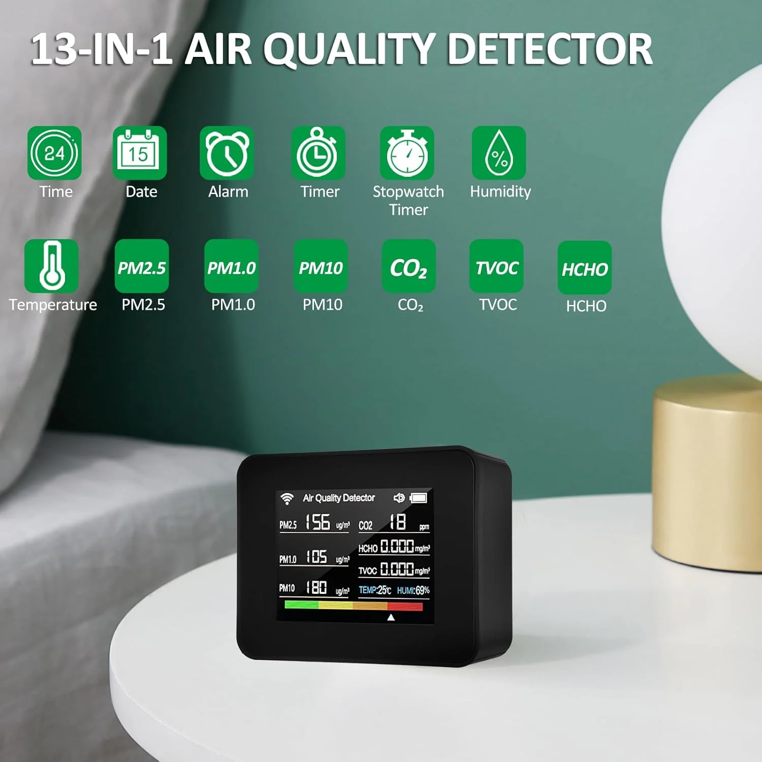 دستگاه سنجش کیفیت هوای هوشمند Tuya WiFi 13 در 1، تشخیص CO₂، TVOC، HCHO، PM2.5، PM1.0، PM10، رطوبت و دما، نمایش زمان، تاریخ، آلارم، تایمر و کرنومتر، دارای آلارم برای خانه، دفاتر و DOOMUN