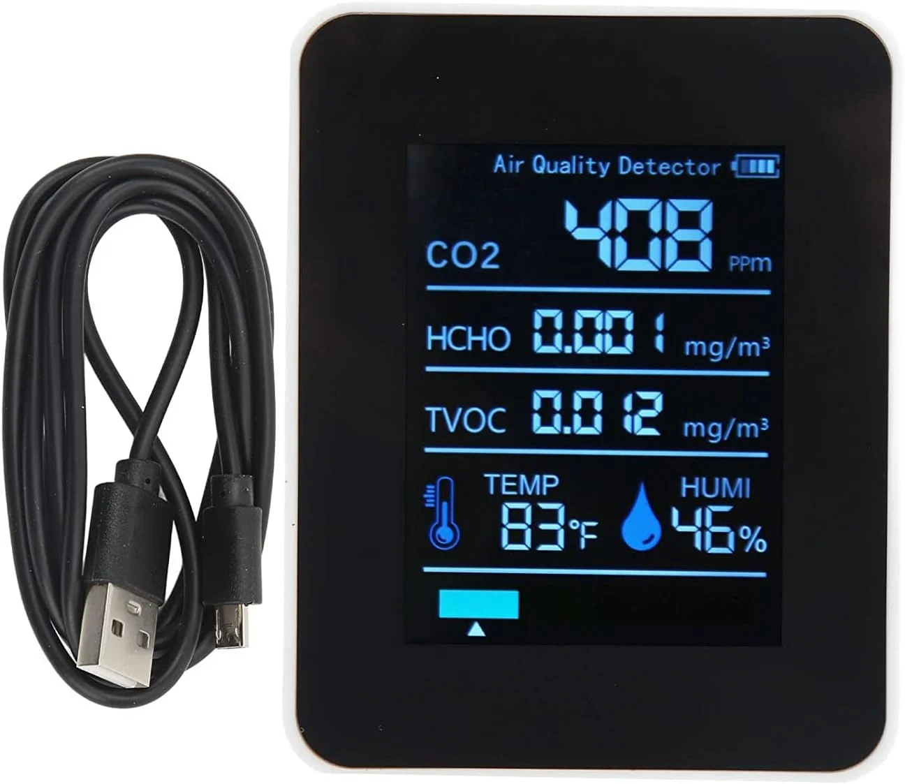 دستگاه تشخیص کیفیت هوا، 5 در 1 تشخیص همزمان CO2 TVOC HCHO دما رطوبت، مانیتور قابل حمل دی اکسید کربن (سفید) دستگاه تشخیص کیفیت هوا، 5 در 1 تشخیص همزمان CO2 TVOC HCHO دما رطوبت، مانیتور قابل حمل دی اکسید کربن (سفید)