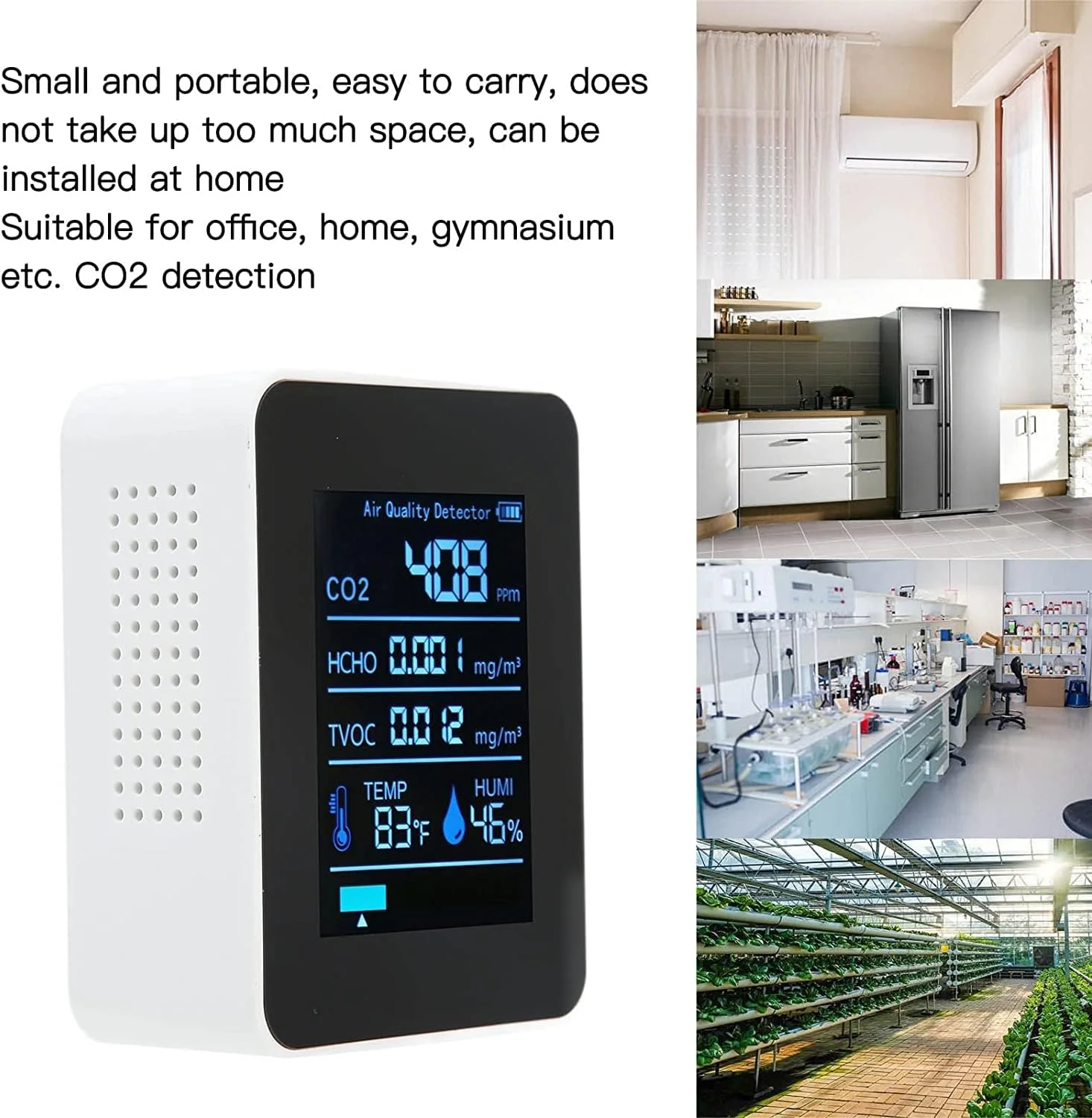 دستگاه تشخیص کیفیت هوا، 5 در 1 تشخیص همزمان CO2 TVOC HCHO دما رطوبت، مانیتور قابل حمل دی اکسید کربن (سفید)