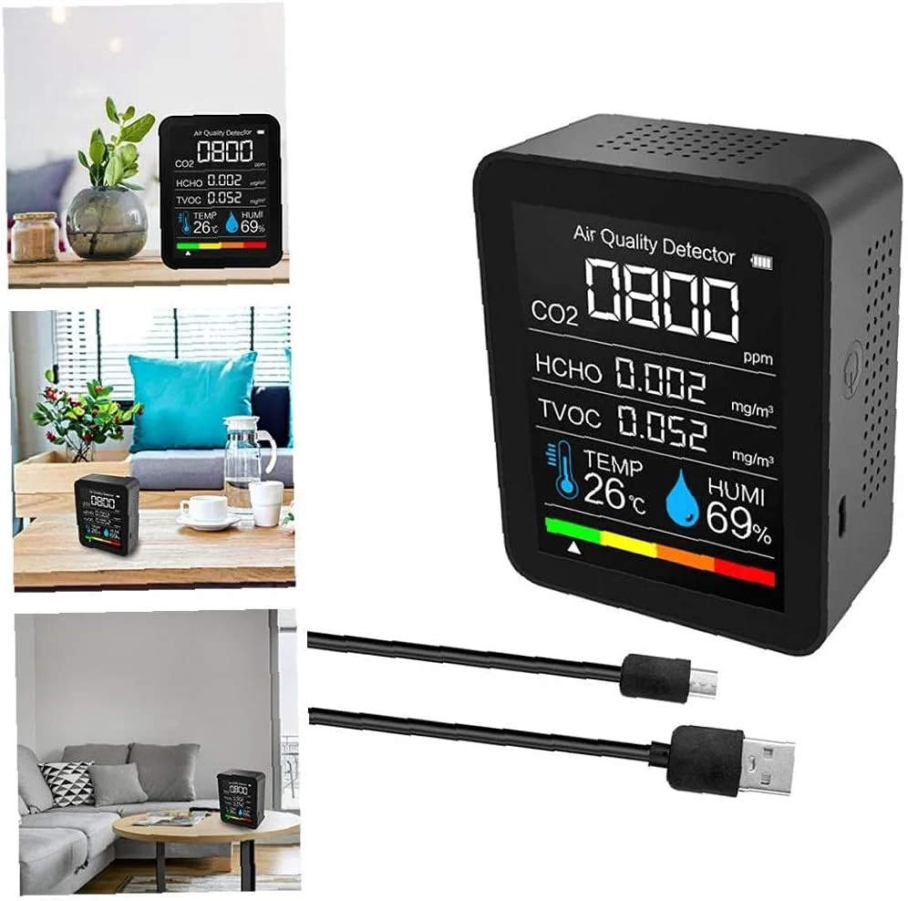 دستگاه سنجش کیفیت هوا 5 در 1، دتکتور دی اکسید کربن، تستر دیجیتال دما و رطوبت، رنگ مشکی