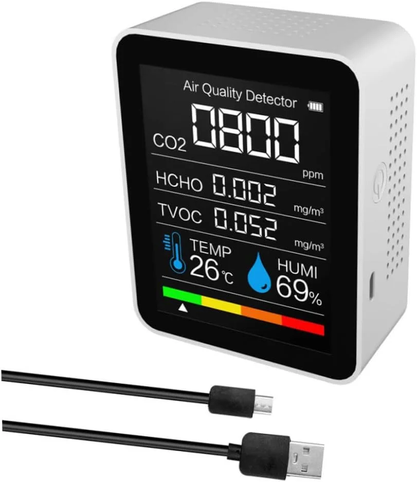 دستگاه سنجش دی اکسید کربن 5 در 1، آشکارساز کیفیت هوا، سنسور دیجیتال دما و رطوبت، سفید دستگاه سنجش دی اکسید کربن 5 در 1، آشکارساز کیفیت هوا، سنسور دیجیتال دما و رطوبت، سفید