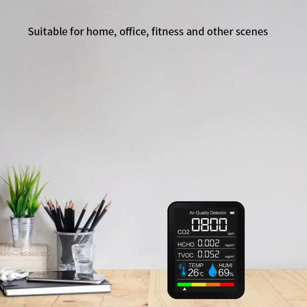 دستگاه سنجش دی اکسید کربن 5 در 1، آشکارساز کیفیت هوا، سنسور دیجیتال دما و رطوبت، سفید