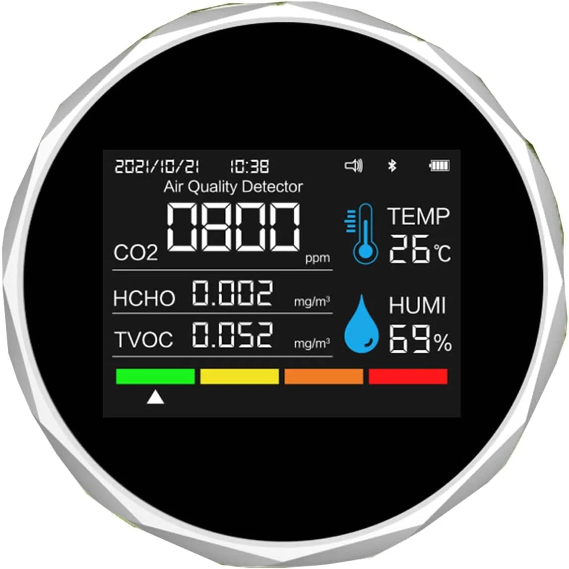 دستگاه سنجش کیفیت هوا 7 در 1، ردیاب CO2، آنالایزر HCHO TVOC، تستر دما و رطوبت با نمایش تاریخ و زمان برای خانه