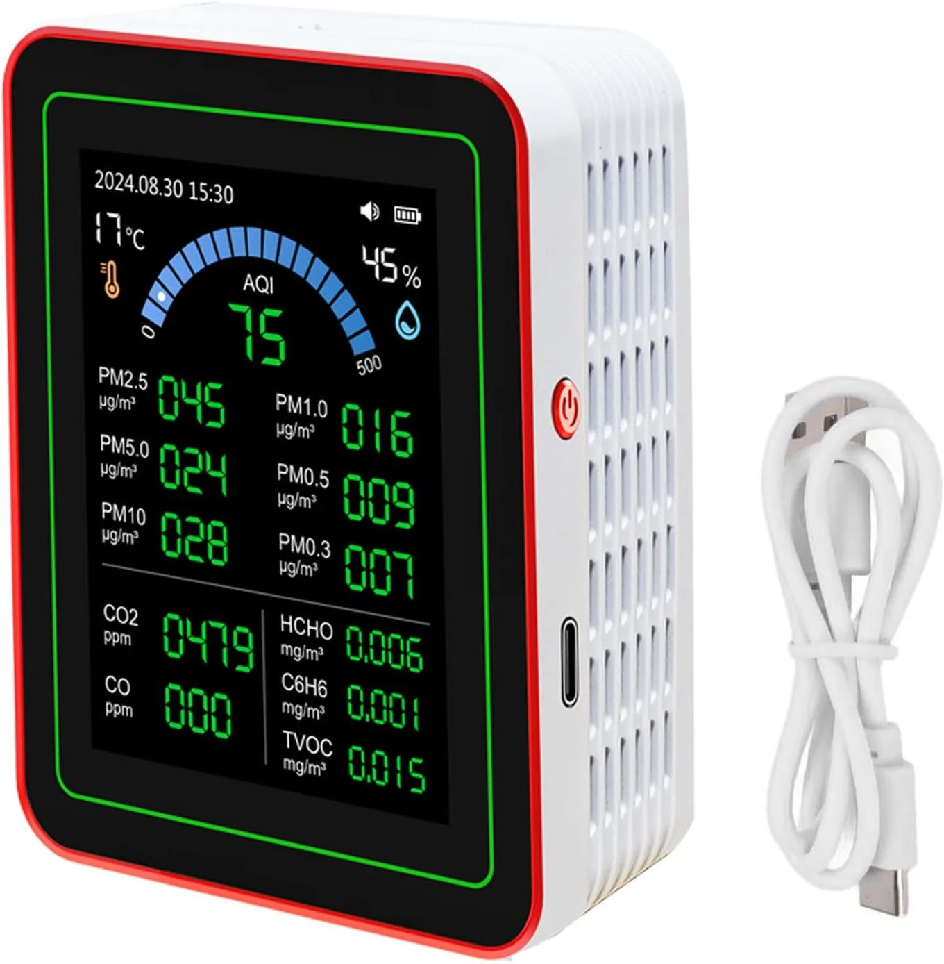 دستگاه سنجش کیفیت 18 در 1 CO2 TVOC HCHO PM2.5 PM10 دما رطوبت تستر تشخیص داخلی با باتری قابل شارژ و صفحه نمایش LCD برای خانه، دفتر، ماشین دستگاه سنجش کیفیت 18 در 1 CO2 TVOC HCHO PM2.5 PM10 دما رطوبت تستر تشخیص داخلی با باتری قابل شارژ و صفحه نمایش LCD برای خانه، دفتر، ماشین