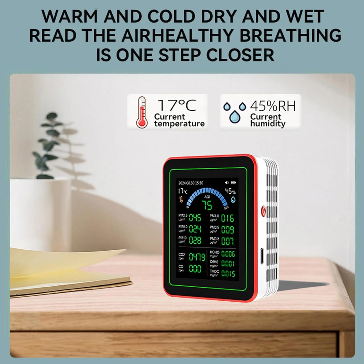 دستگاه سنجش کیفیت 18 در 1 CO2 TVOC HCHO PM2.5 PM10 دما رطوبت تستر تشخیص داخلی با باتری قابل شارژ و صفحه نمایش LCD برای خانه، دفتر، ماشین دستگاه سنجش کیفیت 18 در 1 CO2 TVOC HCHO PM2.5 PM10 دما رطوبت تستر تشخیص داخلی با باتری قابل شارژ و صفحه نمایش LCD برای خانه، دفتر، ماشین