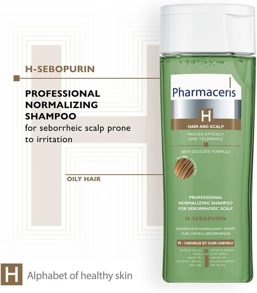 شامپو فارماسریز H Sebo Purin مناسب موهای چرب، 250 میلی لیتر – حاوی عصاره گیاه بابا آدم، بیوتین، ویتامین B3 و Octopirox برای تعادل پوست سر و حجم دهی به مو