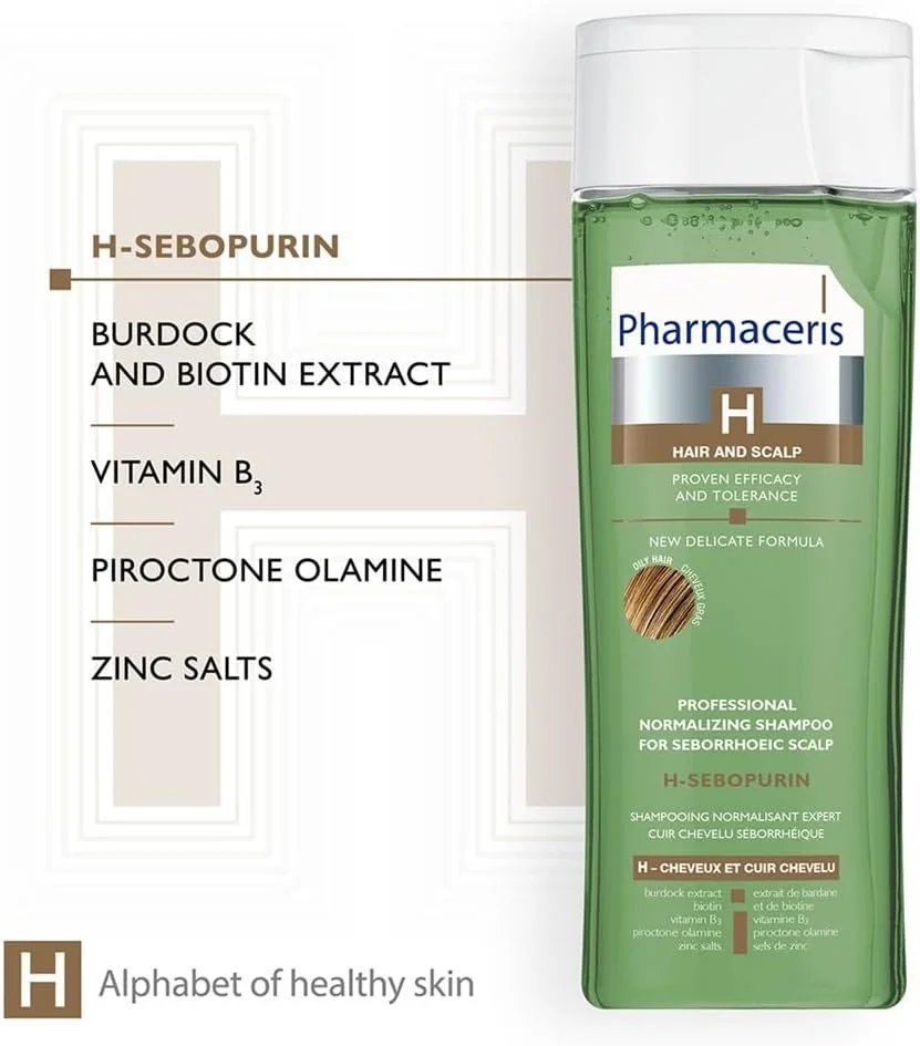 شامپو فارماسریز H Sebo Purin مناسب موهای چرب، 250 میلی لیتر – حاوی عصاره گیاه بابا آدم، بیوتین، ویتامین B3 و Octopirox برای تعادل پوست سر و حجم دهی به مو