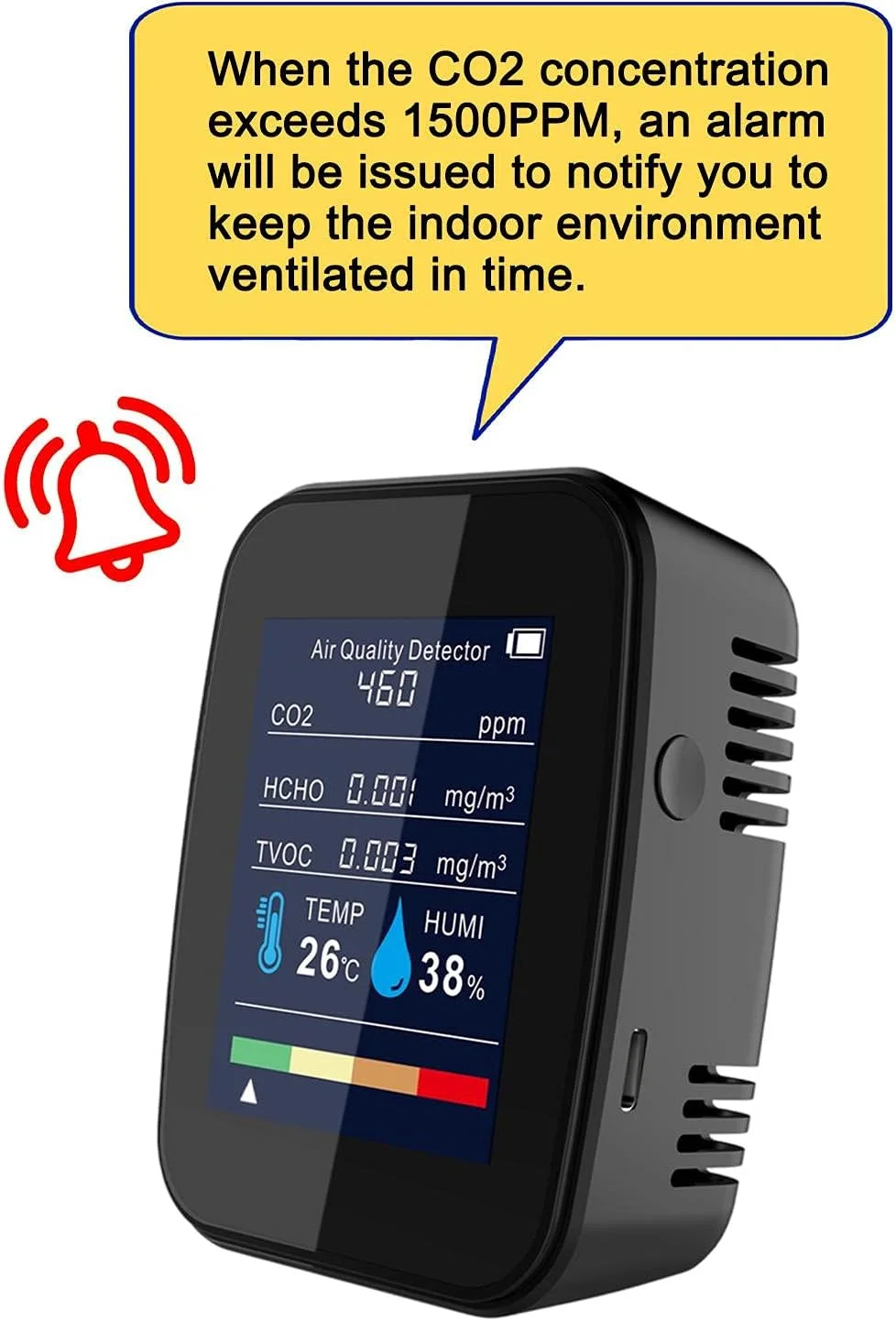 صفحه نمایش کیفیت هوا QIVGXBO، دستگاه سنجش دی اکسید کربن داخل ساختمان، ردیاب حرفه ای کیفیت هوا 5 در 1 برای دما، رطوبت، CO2، HCHO و TVOC، تستر کیفیت هوا رومیزی با نمایش زمان واقعی، مشکی سفید Leunlee