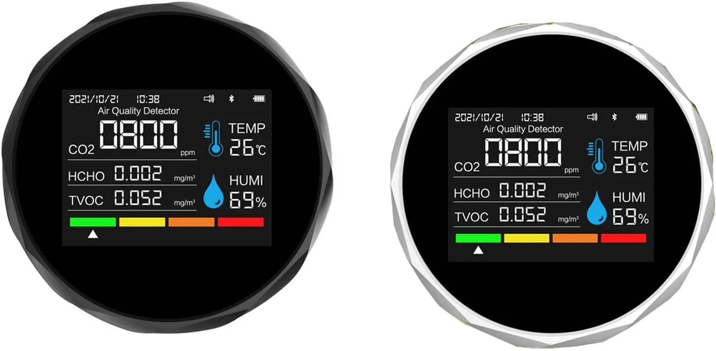 دستگاه سنجش کیفیت هوا 7 در 1، ردیاب CO2، آنالایزر HCHO TVOC، تست کننده دما و رطوبت با نمایش تاریخ و زمان برای خانه
