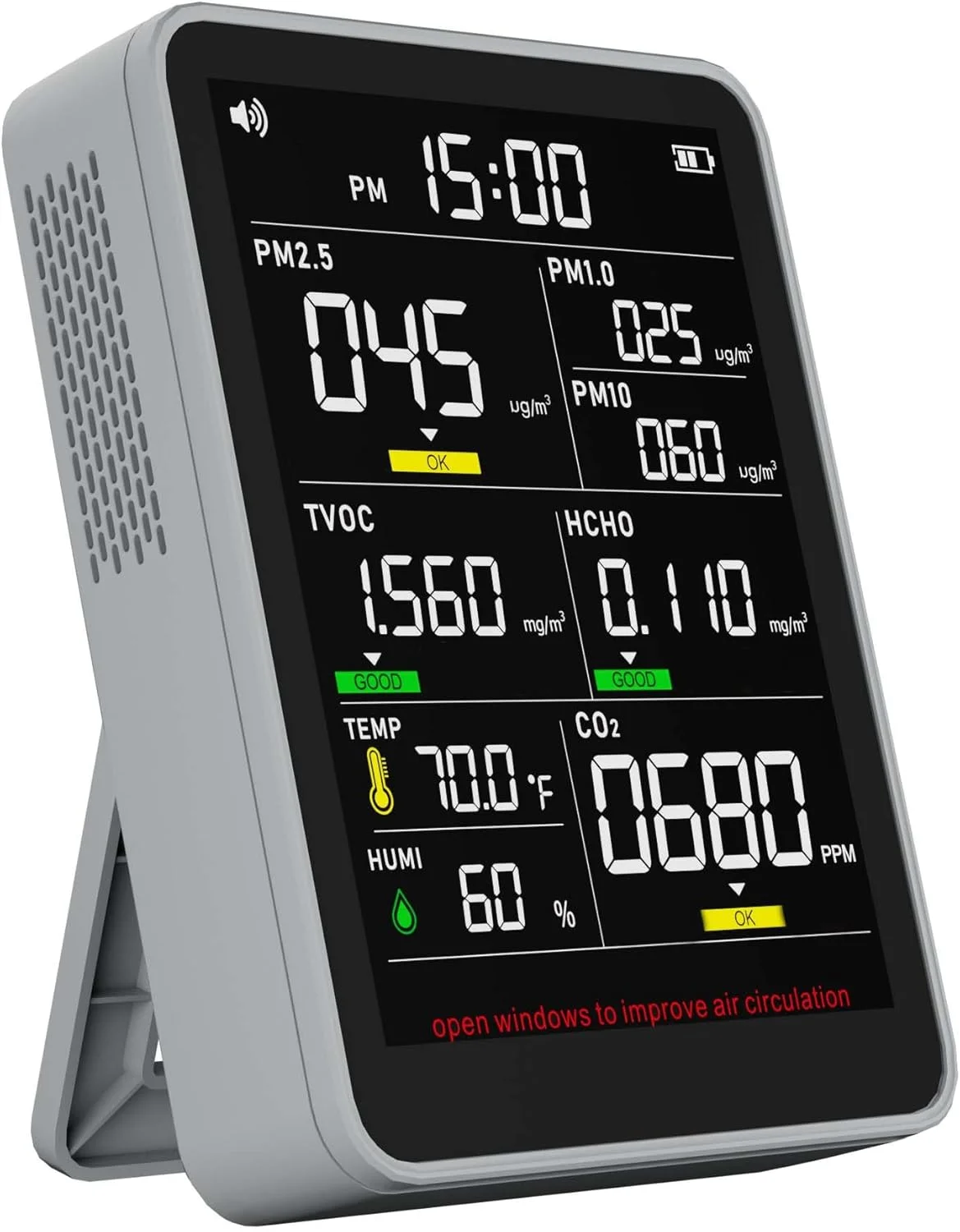 دستگاه سنجش کیفیت هوای داخلی حرفه ای 9 در 1 با قابلیت اندازه گیری PM1.0 | PM2.5 | PM10 | HCHO | TVOC | CO2 | رطوبت | دما | زمان، قابل حمل و آسان برای استفاده در خانه، ماشین و دفتر (خاکستری مریم گلی)