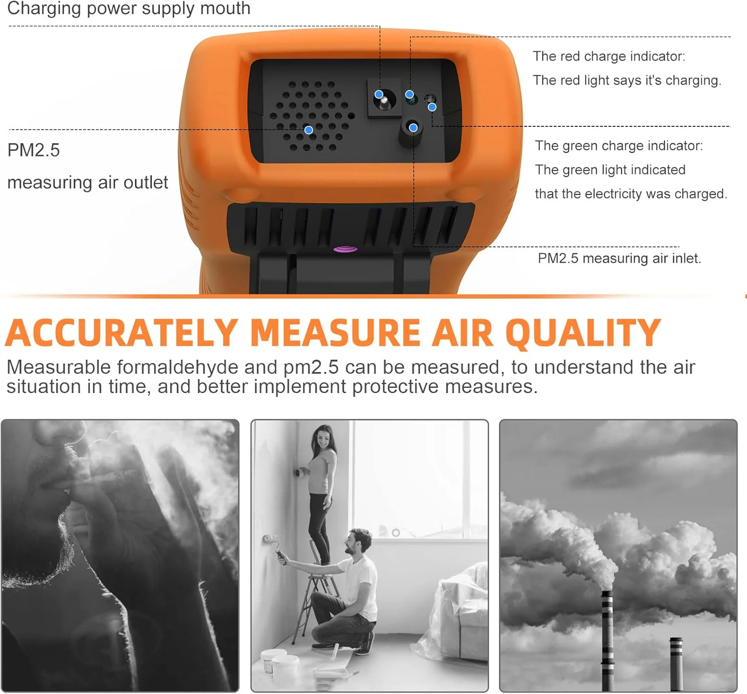 دستگاه سنجش کیفیت هوا، ردیاب حرفه ای فرمالدئید، دستگاه تشخیص کیفیت هوا برای PM2.5 PM10 HCHO TVOC با صفحه نمایش رنگی LCD و باتری قابل شارژ برای خانه، دفتر، آلارم شاخص فراتر از حد