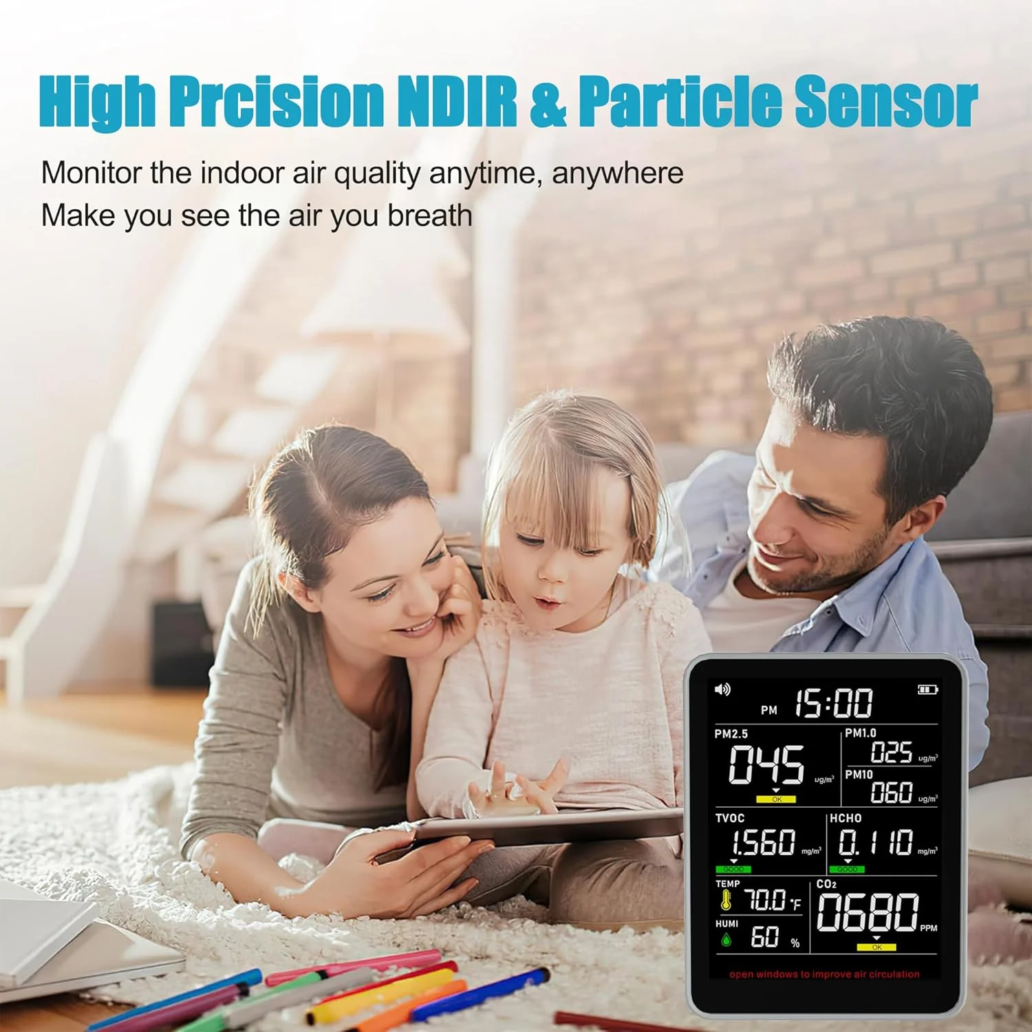 دستگاه سنجش کیفیت هوای داخلی حرفه ای 9 در 1 با قابلیت اندازه گیری PM1.0 | PM2.5 | PM10 | HCHO | TVOC | CO2 | رطوبت | دما | زمان، قابل حمل و آسان برای استفاده در خانه، ماشین و دفتر (خاکستری مریم گلی)