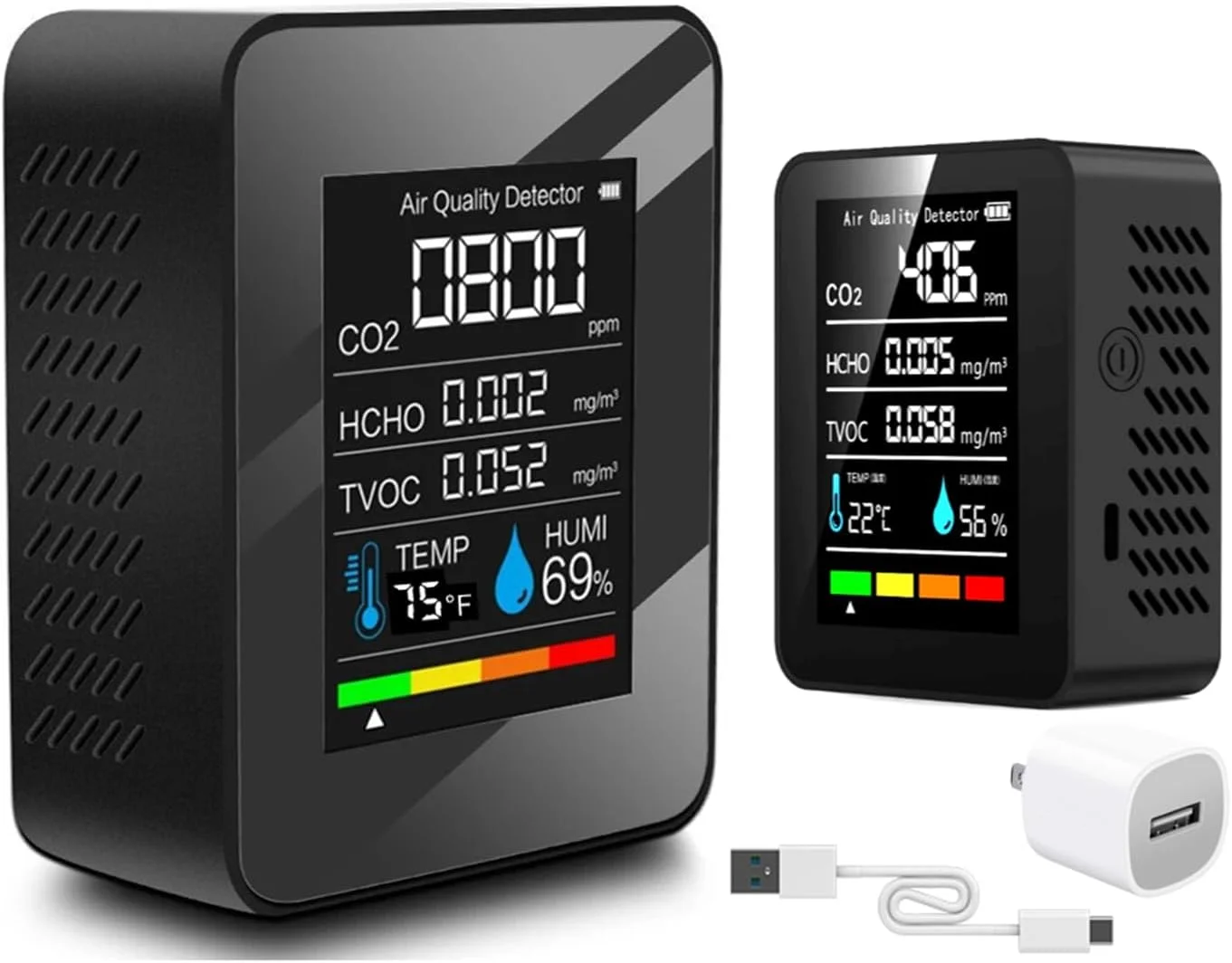 دستگاه سنجش کیفیت هوای داخل خانه 5 در 1، ردیاب قابل حمل حرفه ای و دقیق CO2، TVOC، HCHO، رطوبت و دما برای خانه، مدرسه، هتل، دفتر، تستر کیفیت هوای خودرو (مشکی)