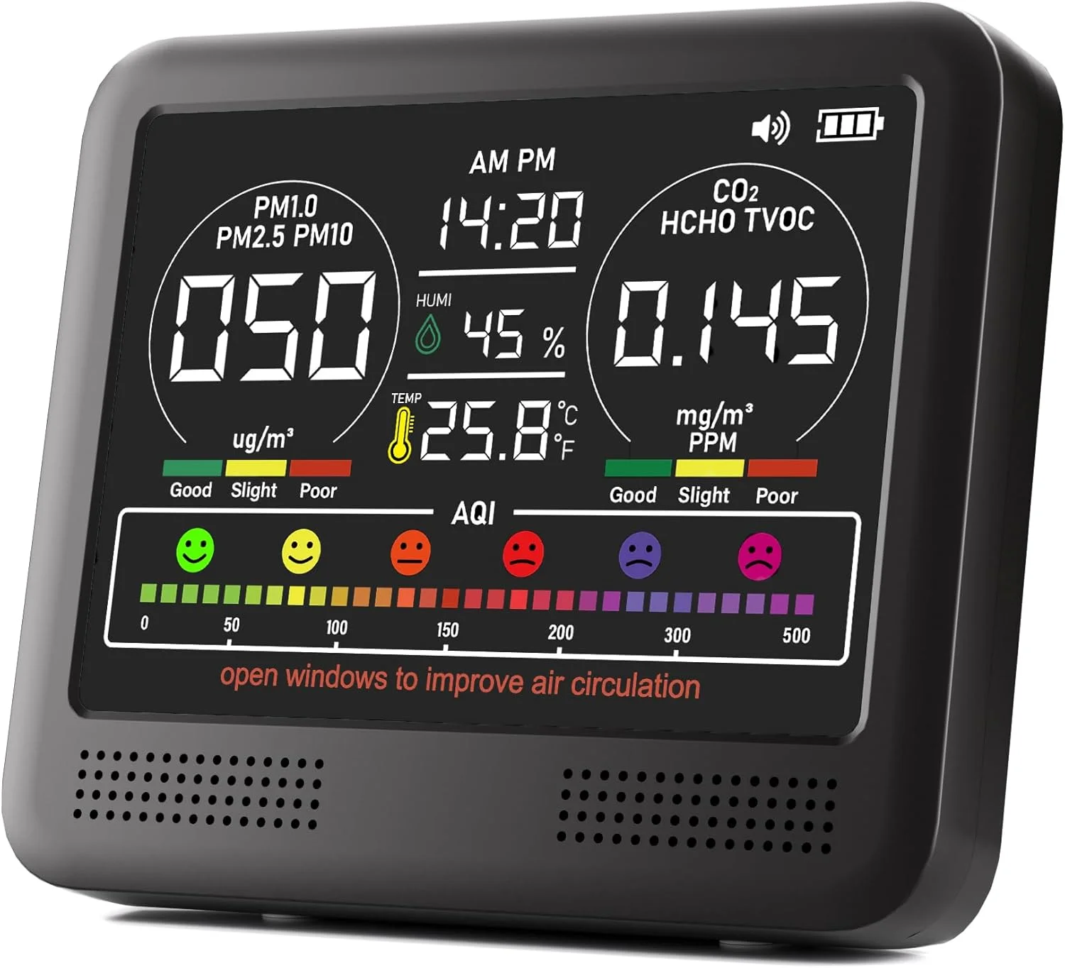 دستگاه سنجش کیفیت هوای داخل خانه 16 در 1، PM2.5/PM10/CO2، دما، فرمالدئید، رطوبت TVOC، نمایش زمان با 7 آلارم صوتی AQI، مناسب برای خانه و دفتر