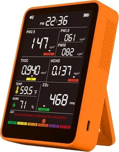دستگاه سنجش کیفیت هوای داخلی حرفه ای با هشدارهای صوتی شاخص کیفیت هوا، ردیاب قابل حمل و بلادرنگ برای خانه، خودرو، گیاهان و حیوانات خانگی (نارنجی)