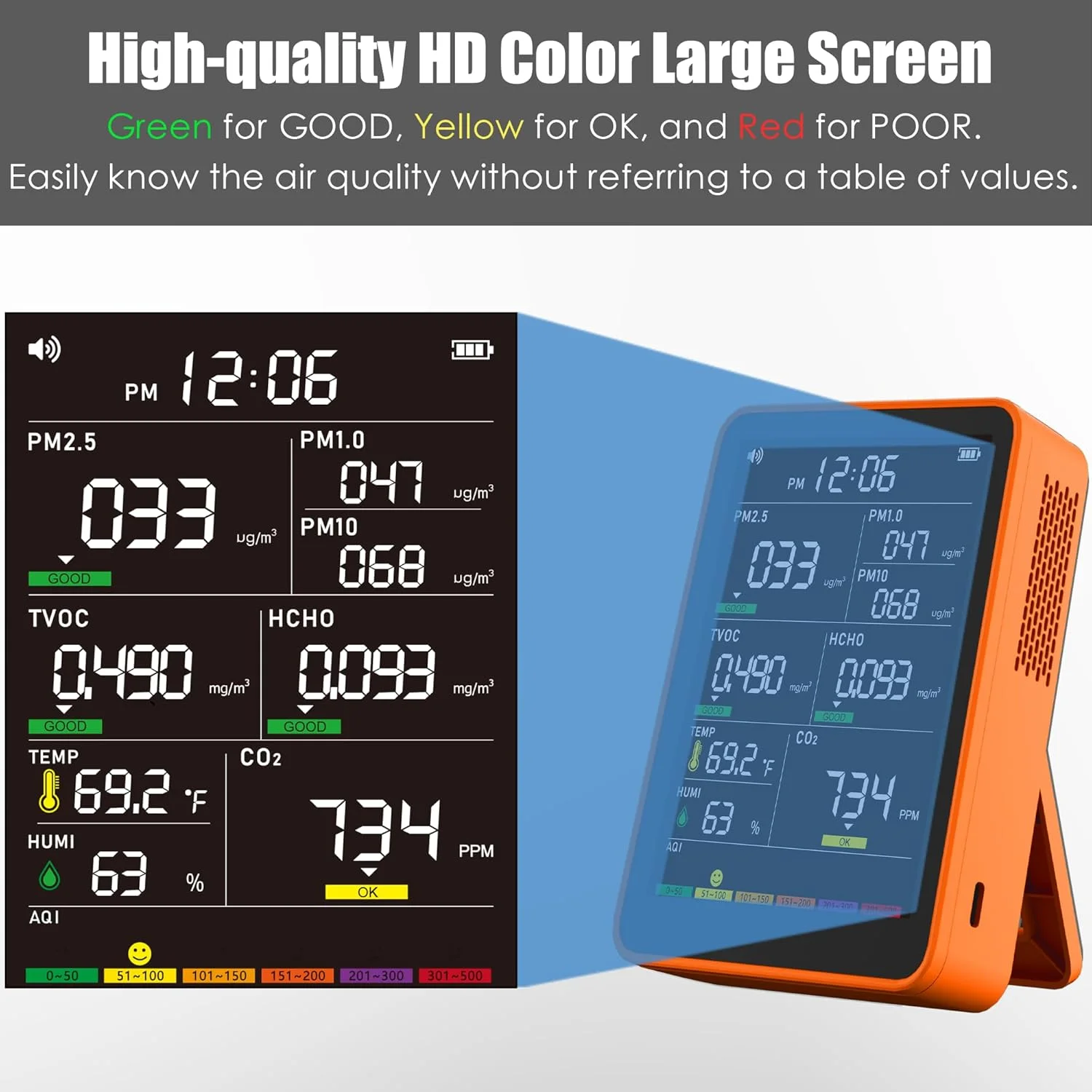 دستگاه سنجش کیفیت هوای داخلی حرفه ای با هشدارهای صوتی شاخص کیفیت هوا، ردیاب قابل حمل و بلادرنگ برای خانه، خودرو، گیاهان و حیوانات خانگی (نارنجی)