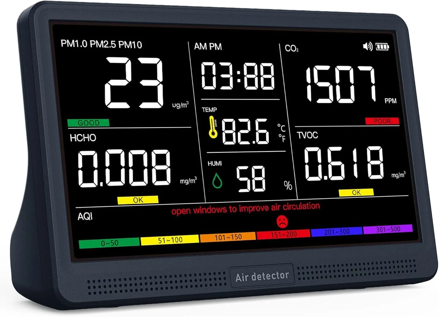 دستگاه سنجش کیفیت هوای حرفه ای داخل ساختمان با 7 آلارم صوتی AQI، ردیاب 16 در 1 قابل حمل و بلادرنگ برای PM2.5 | PM10 | CO2 | TVOC | HCHO | دما | رطوبت برای خانه، خودرو، گیاهان، حیوانات خانگی