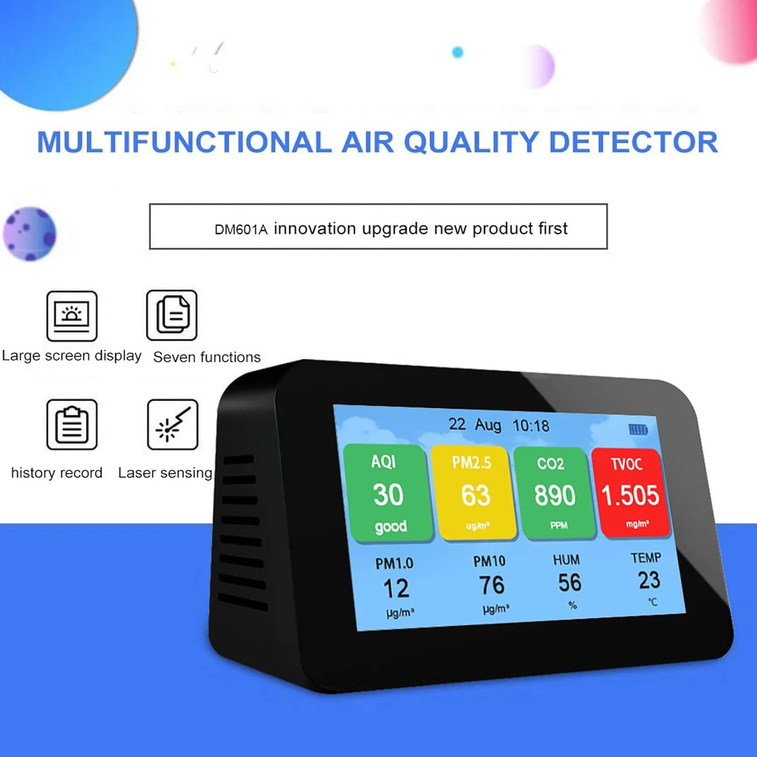مانیتور کیفیت هوای داخلی، مانیتور قابل حمل و شارژی CO2 برای تشخیص CO2 PM2.5 PM1.0 PM10 دما و رطوبت با صفحه نمایش 4.3 اینچی LCD