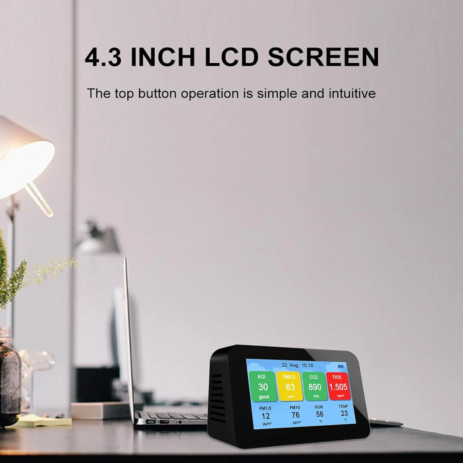 مانیتور کیفیت هوای داخلی، مانیتور قابل حمل و شارژی CO2 برای تشخیص CO2 PM2.5 PM1.0 PM10 دما و رطوبت با صفحه نمایش 4.3 اینچی LCD