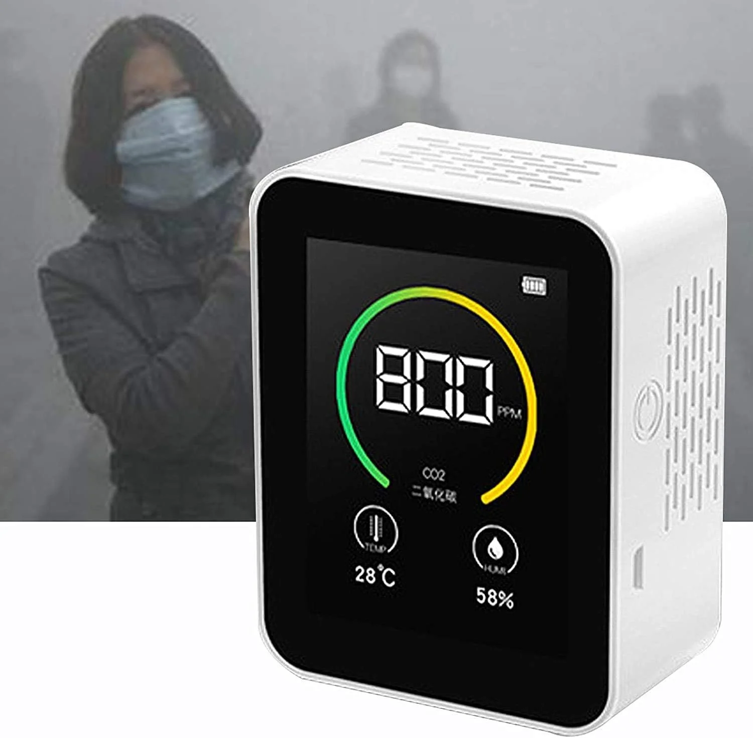 تستر کیفیت هوا، مانیتور CO2، تشخیص آلودگی گاز، نمایشگر دما و رطوبت به صورت لحظه ای، صفحه نمایش LCD رنگی، قابل شارژ USB (رنگ: سفید)