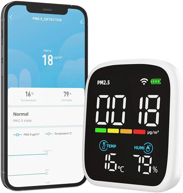 دستگاه تست کیفیت هوا قابل حمل Pepisky با نمایشگر LED، چند منظوره، سنسور ذرات، تست دما و رطوبت، کنترل از طریق اپلیکیشن موبایل دستگاه تست کیفیت هوا قابل حمل Pepisky با نمایشگر LED، چند منظوره، سنسور ذرات، تست دما و رطوبت، کنترل از طریق اپلیکیشن موبایل