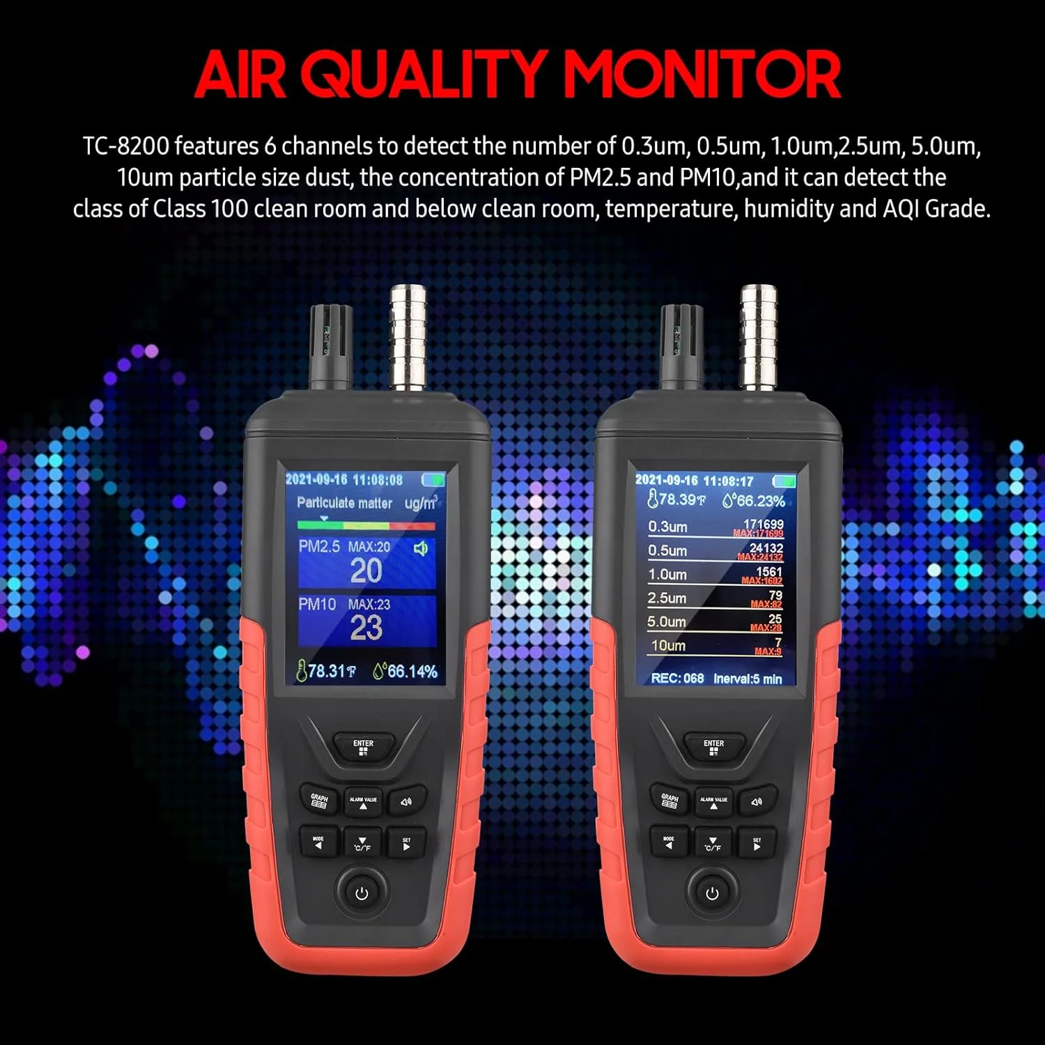 تستر کیفیت هوا، شمارنده ذرات گرد و غبار 6 کاناله 0.3um/ 0.5μm/ 1.0μm/ 2.5μm/ 5.0μm/ 10um PM2.5 PM10 با صفحه نمایش رنگی 3.2 اینچی TFT با نور پس زمینه، تستر کیفیت هوا، دما، رطوبت برای خانه و اداره