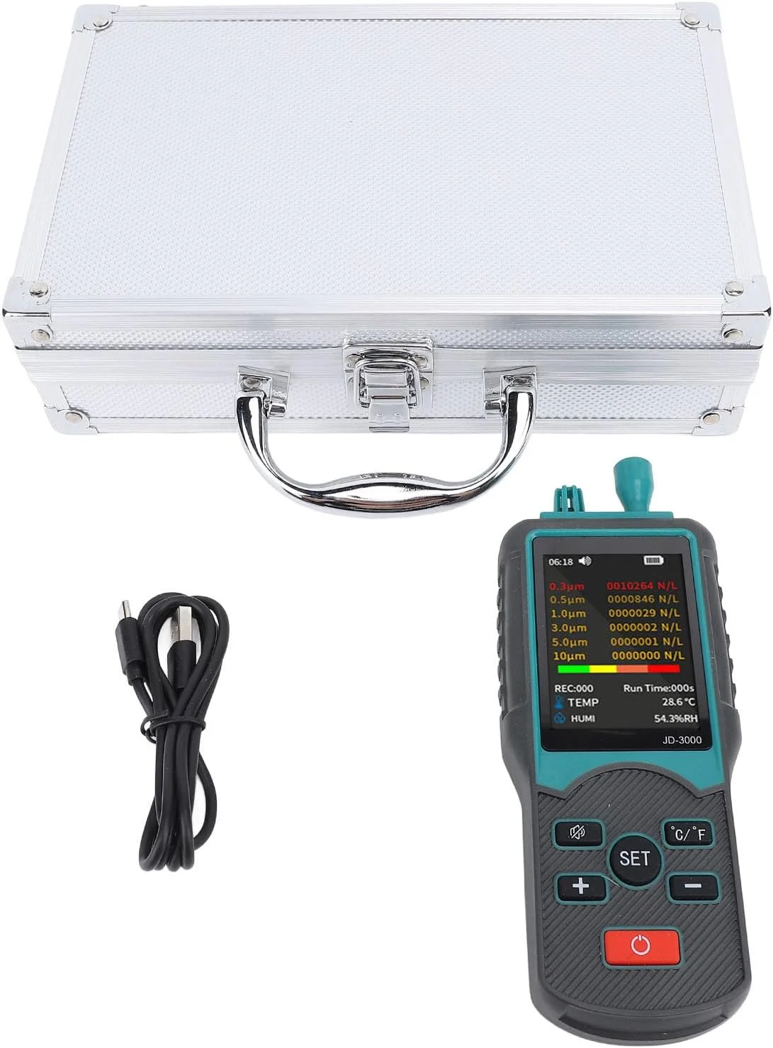 ذرهسنج گرد و غبار 0.3/0.5/1.0/3.0/5.0/10μm، دستگاه اندازهگیری PM2.5 و PM10 با 2 حالت اندازهگیری و ذخیره داده برای تست کیفیت هوای داخلی ذرهسنج گرد و غبار 0.3/0.5/1.0/3.0/5.0/10μm، دستگاه اندازهگیری PM2.5 و PM10 با 2 حالت اندازهگیری و ذخیره داده برای تست کیفیت هوای داخلی