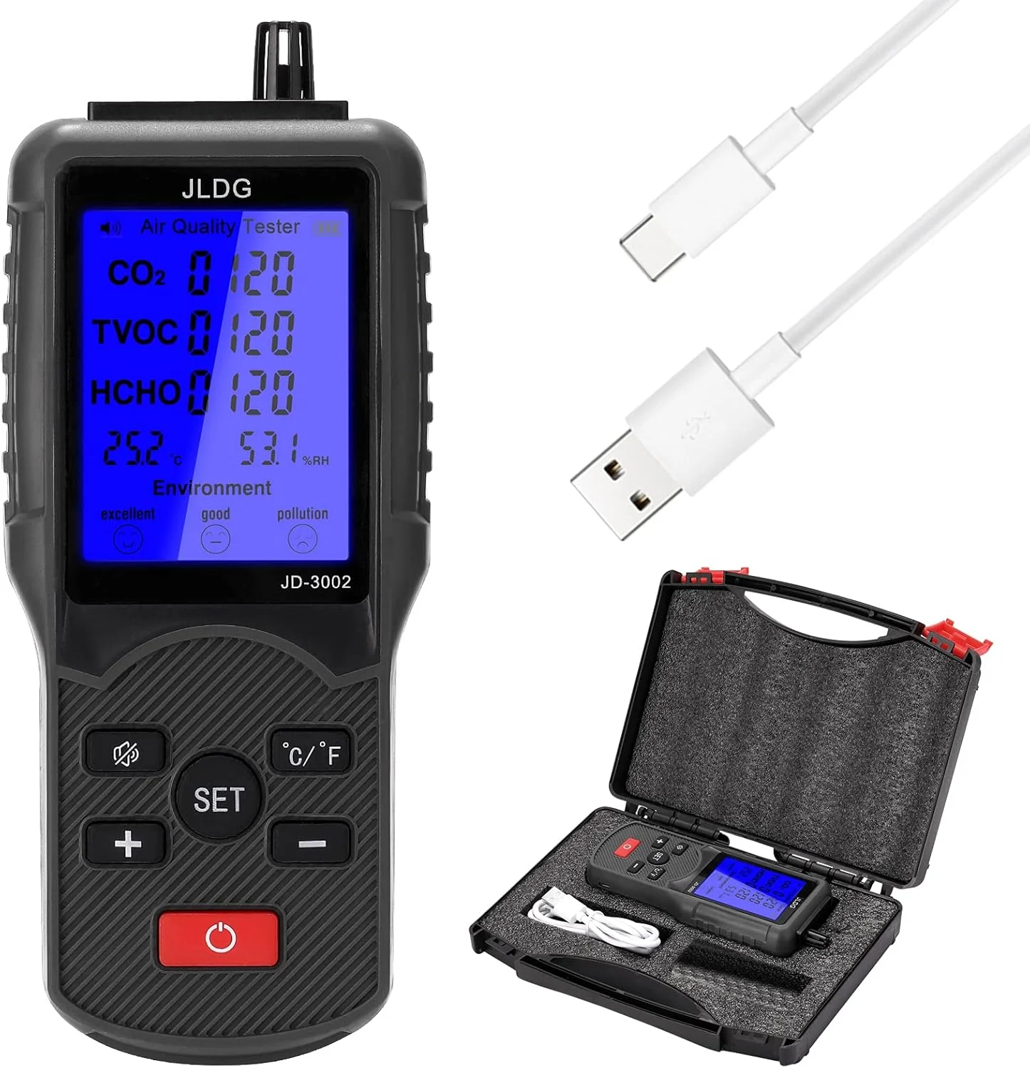 تستر کیفیت هوای چند منظوره Obery، دستگاه اندازه گیری دما و رطوبت، CO2 و TVOC
