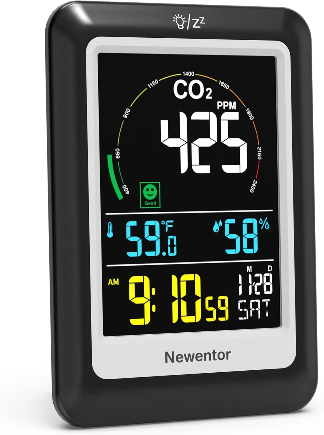 مانیتور دی اکسید کربن Newentor، دستگاه سنجش کیفیت هوای داخلی، ردیاب دی اکسید کربن با هشدار صوتی، تستر CO2 با صفحه نمایش بزرگ، سنسور دما و رطوبت، ساعت زنگ دار برای خانه، RV، گلخانه، 400-5000ppm