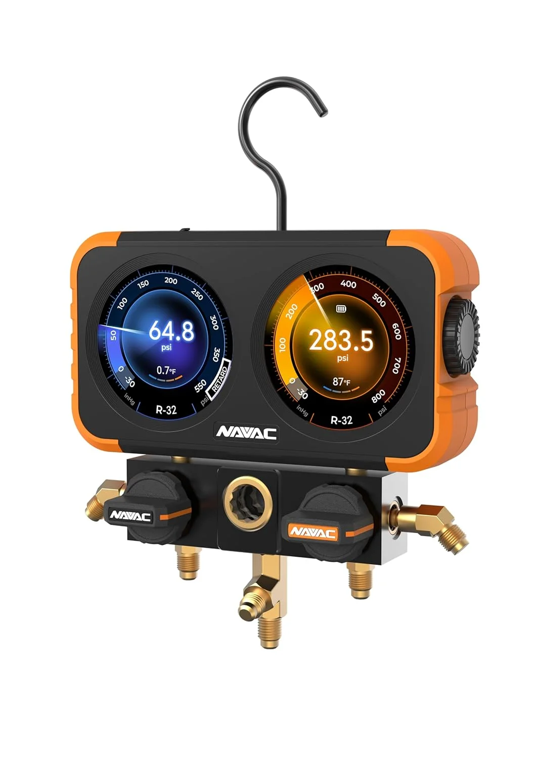 مجموعه گیج منیفولد NAVAC Flex-X - رابط گرافیکی رنگی HD، صفحه نمایش دیجیتال، سازگار با A2L، پشتیبانی از 72 مبرد، باتری قابل شارژ 100 ساعته، بدنه آلومینیومی بادوام - ایده آل برای تکنسین های HVAC