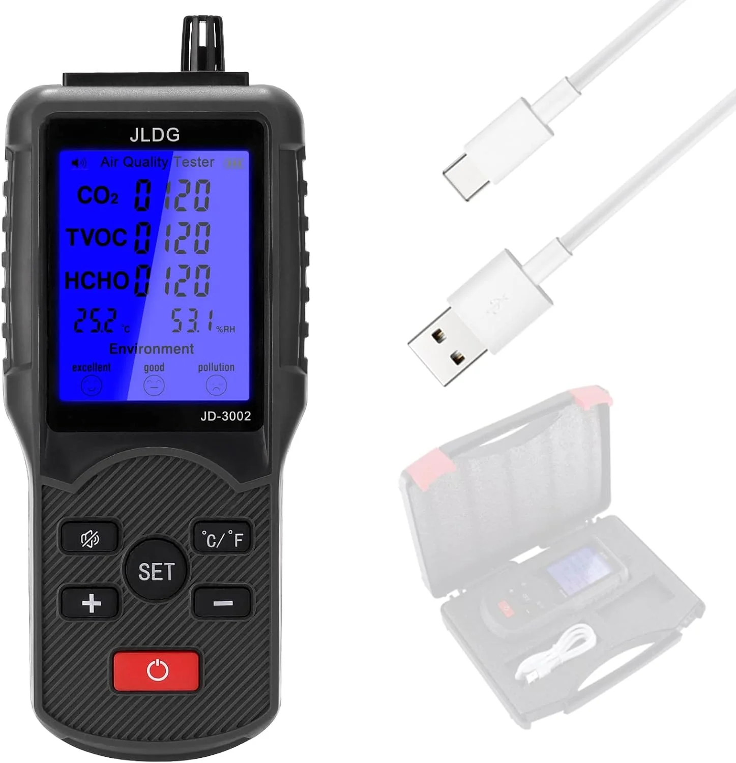 دستگاه اندازه گیری چند منظوره کیفیت هوا CO2 TVOC، دستگاه اندازه گیری دما و رطوبت به همراه کابل USB مدل DOOMUN