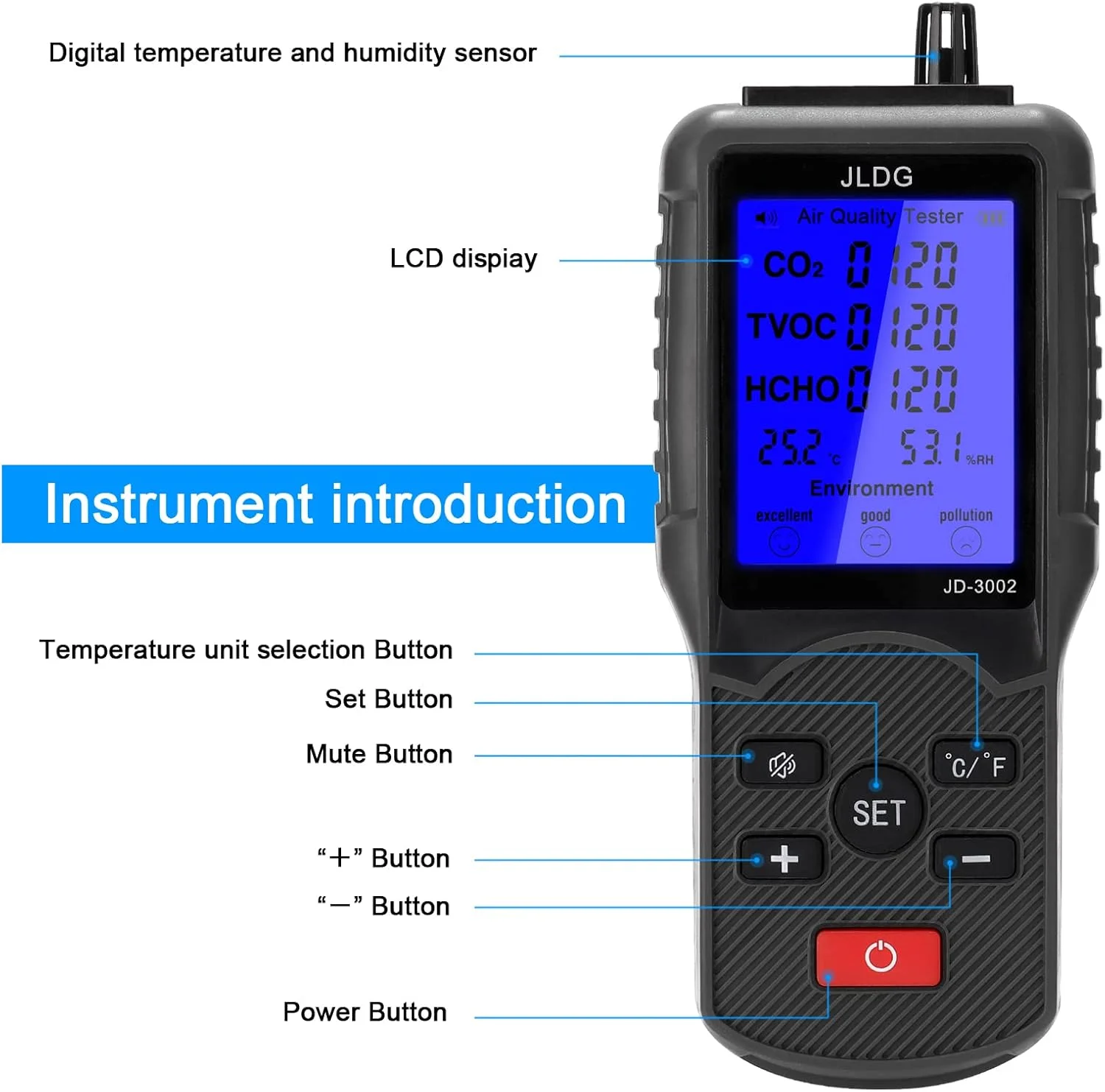 دستگاه اندازه گیری چند منظوره کیفیت هوا CO2 TVOC، دستگاه اندازه گیری دما و رطوبت به همراه کابل USB مدل DOOMUN