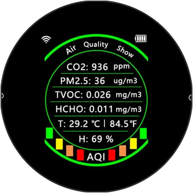 تستر کیفیت هوا 7 در 1 تویا وای فای، مدل PM2.5 CO2 TVOC HCHO AQI، نمایشگر رنگی قابل حمل دما و رطوبت با عملکرد آستانه هشدار