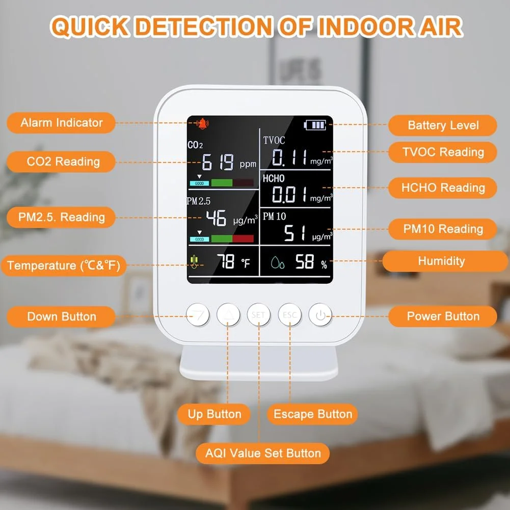 دستگاه تست کیفیت هوا 7 در 1 چند منظوره HELEMIY، سنجش خانگی HCHO TVOC دی اکسید کربن PM2.5 PM10، دستگاه قابل حمل دما و رطوبت