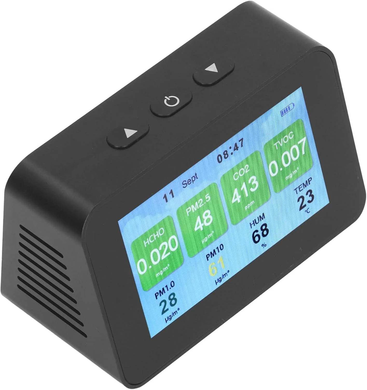 تستر کیفیت هوا چند منظوره 10 در 1، آشکارساز کیفیت هوا، 3 دکمه، صفحه نمایش LCD 4.3 اینچی، HCHO PM2.5 CO2 TVOC PM1.0 PM10 HUM TEMP