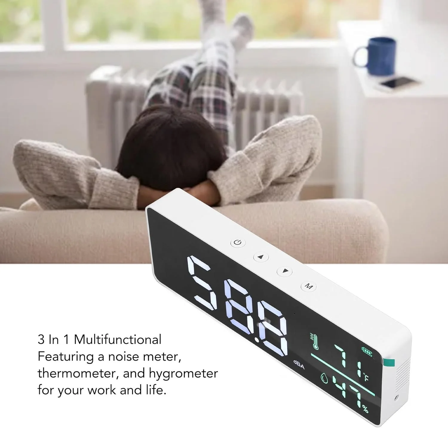 دسی بل سنج 3 در 1 چند منظوره، دسی بل متر، دستگاه سنجش صدا با رطوبت سنج و دماسنج، دسی بل متر دیواری برای کلاس درس