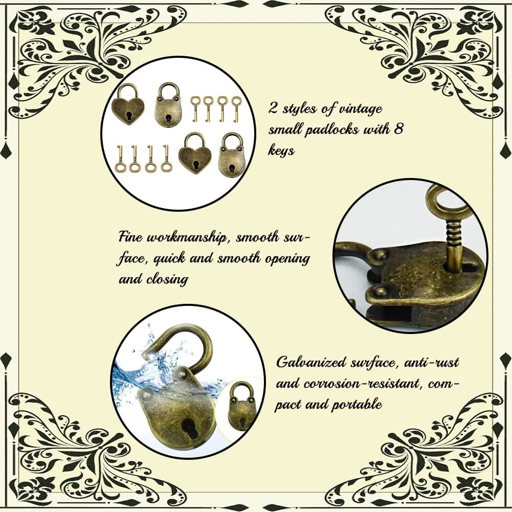 قفل های عتیقه BUENTYA، 4 عددی، سبک قدیمی، 2 عدد طرح قلب و 2 عدد طرح خرس، قفل فلزی کوچک، قفل های کوچک عتیقه با 8 عدد کلید برای جعبه جواهرات، دفترچه یادداشت، جعبه چوبی