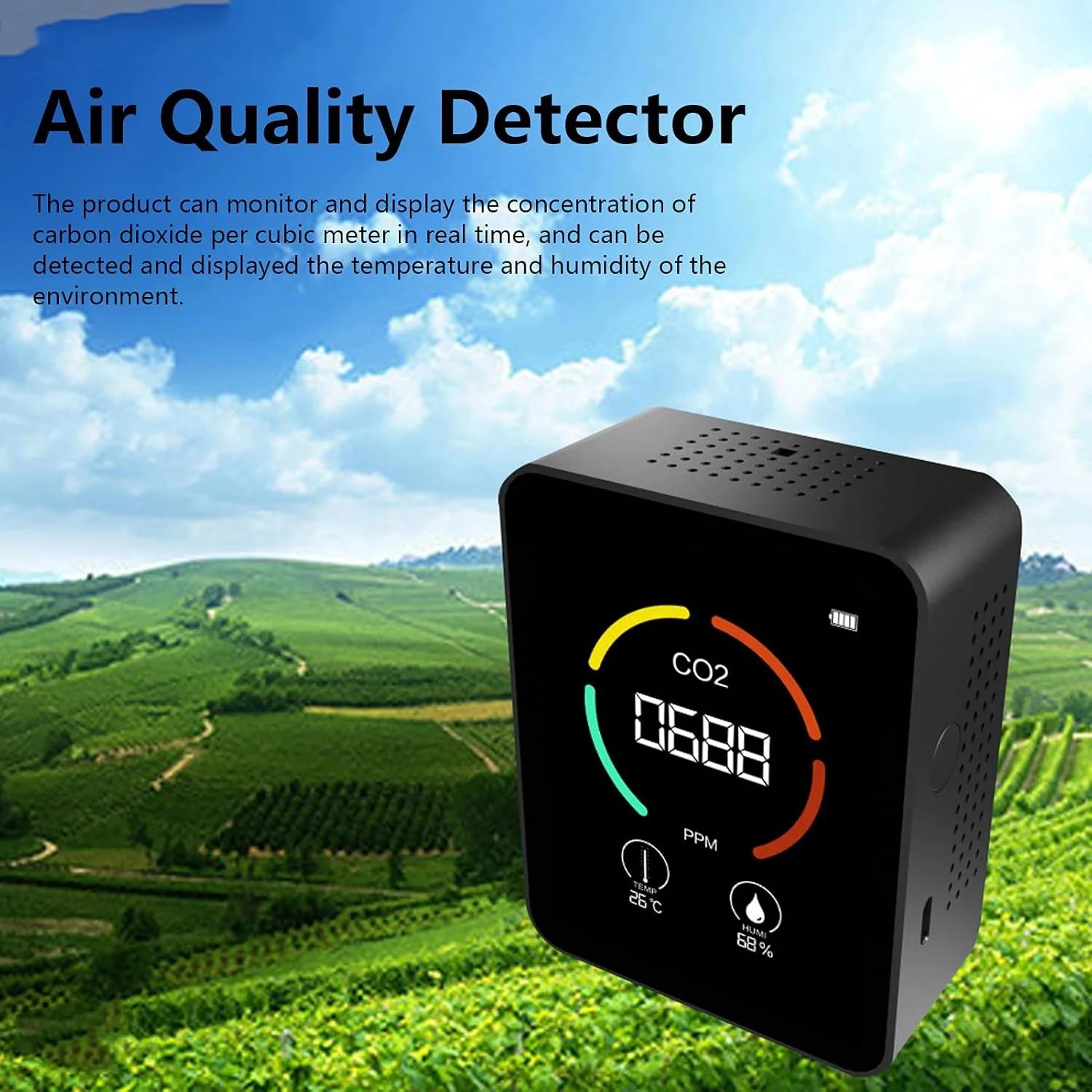 دستگاه تشخیص رطوبت Meiyya، دستگاه تشخیص کیفیت هوا صفحه نمایش رنگی صرفه جویی در فضا چند منظوره برای دی اکسید کربن برای خانه برای دفتر (مشکی)