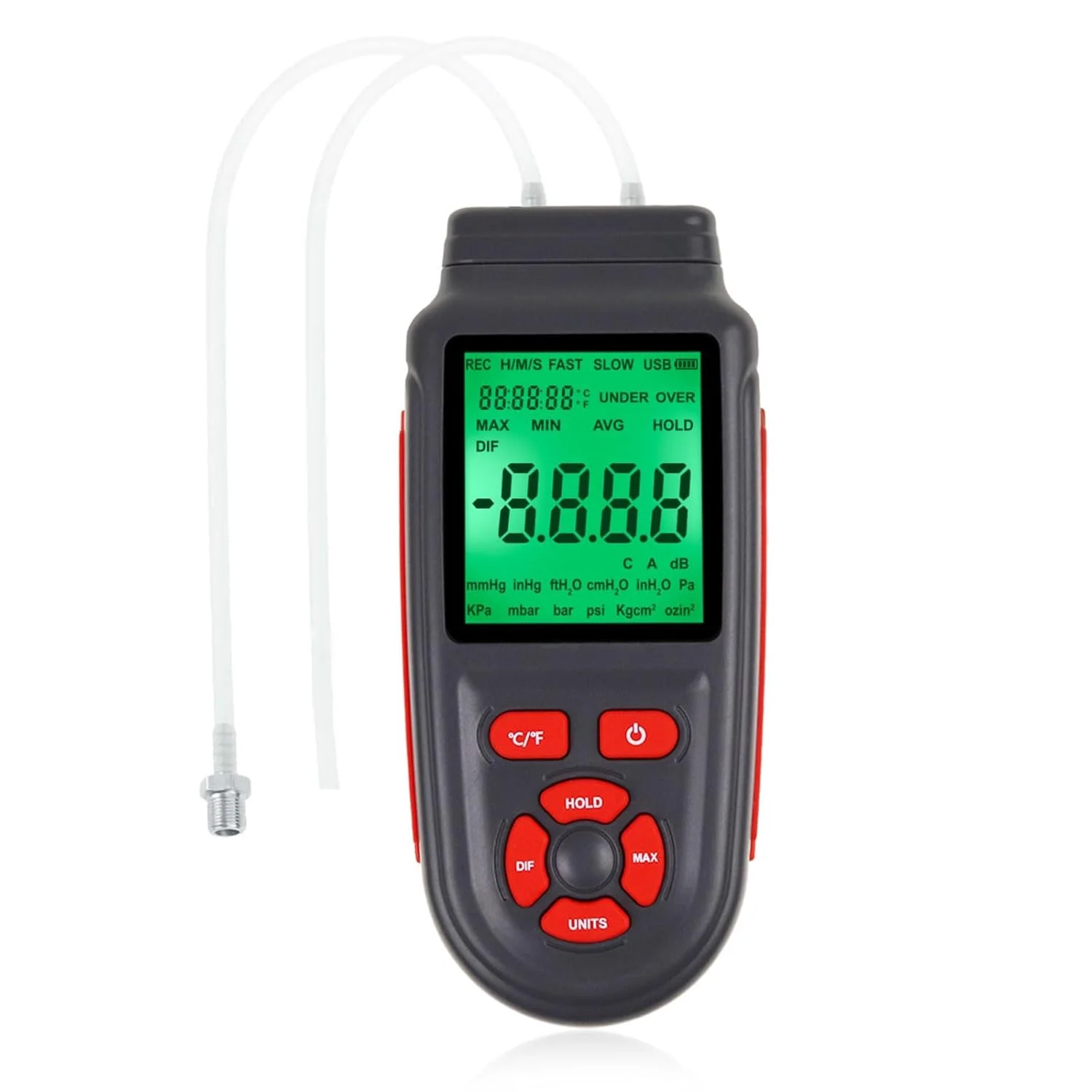 فشارسنج با واحدهای قابل انتخاب، گیج فشار دیفرانسیل ±3Psi، فشارسنج HVAC با محدوده اندازه گیری بالا، 12 واحد قابل انتخاب، فشارسنج حرفه ای دستی دو پورت، دماسنج فشار هوا