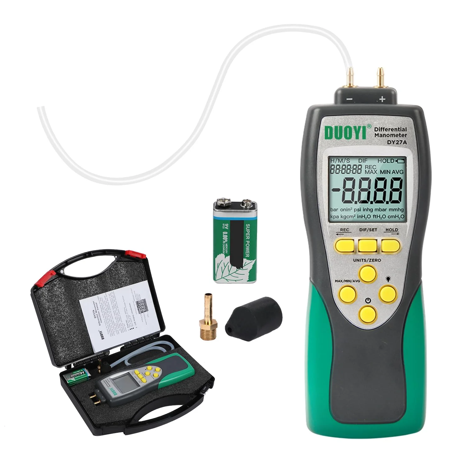 فشارسنج دیجیتال برای تست فشار گاز ±241.3Kpa/35Psi با محدوده گسترده، 11 واحد فشار، قابلیت اندازه گیری حداکثر/حداقل/میانگین، مناسب برای HVAC همراه با باتری