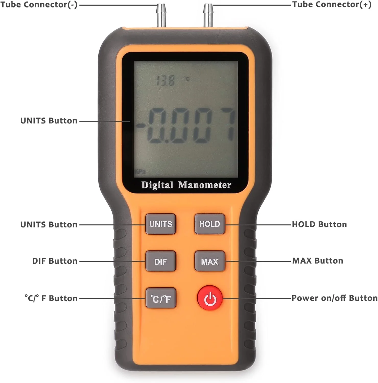 مانومتر دیجیتال، مانومتر دیجیتال با صفحه نمایش LCD، قابل تعویض بین ℃ و ℉، دارای 12 واحد فشار، ابزار قابل تنظیم برای اندازه گیری دمای داخلی و اندازه گیری فشار لوله ها