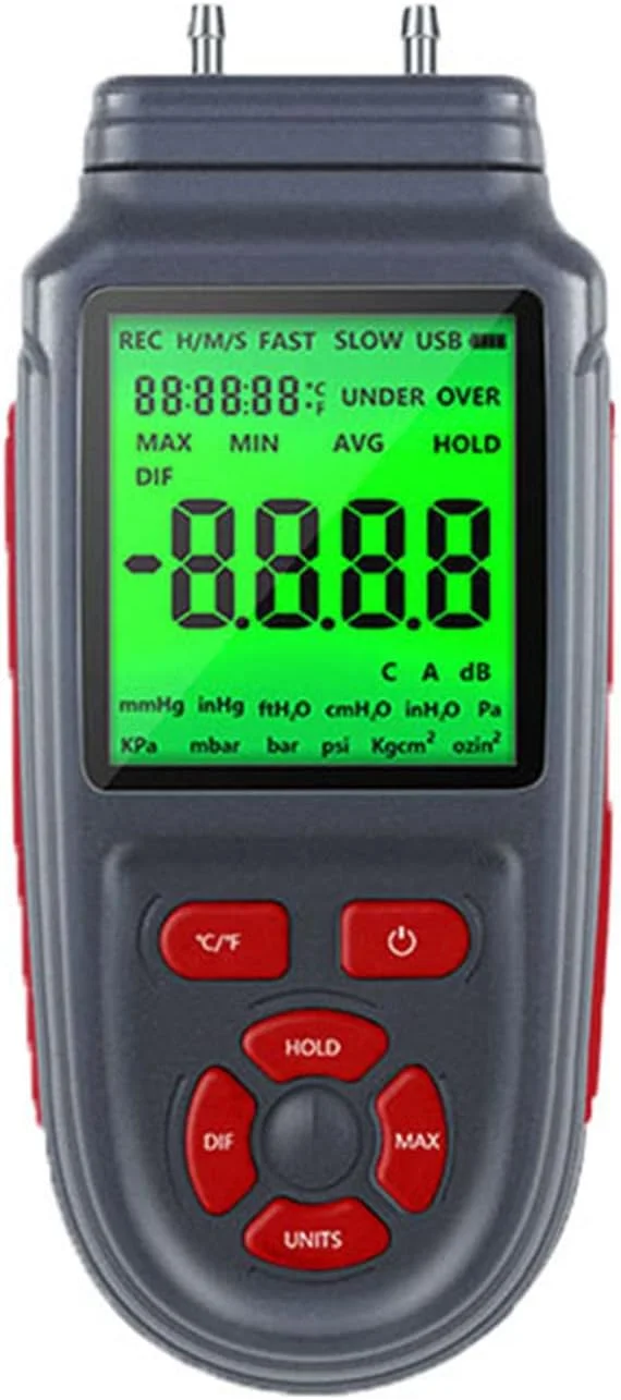 مانومتر دیجیتال با صفحه نمایش LCD و دو پورت برای سیستم های تهویه مطبوع و کانال های تهویه